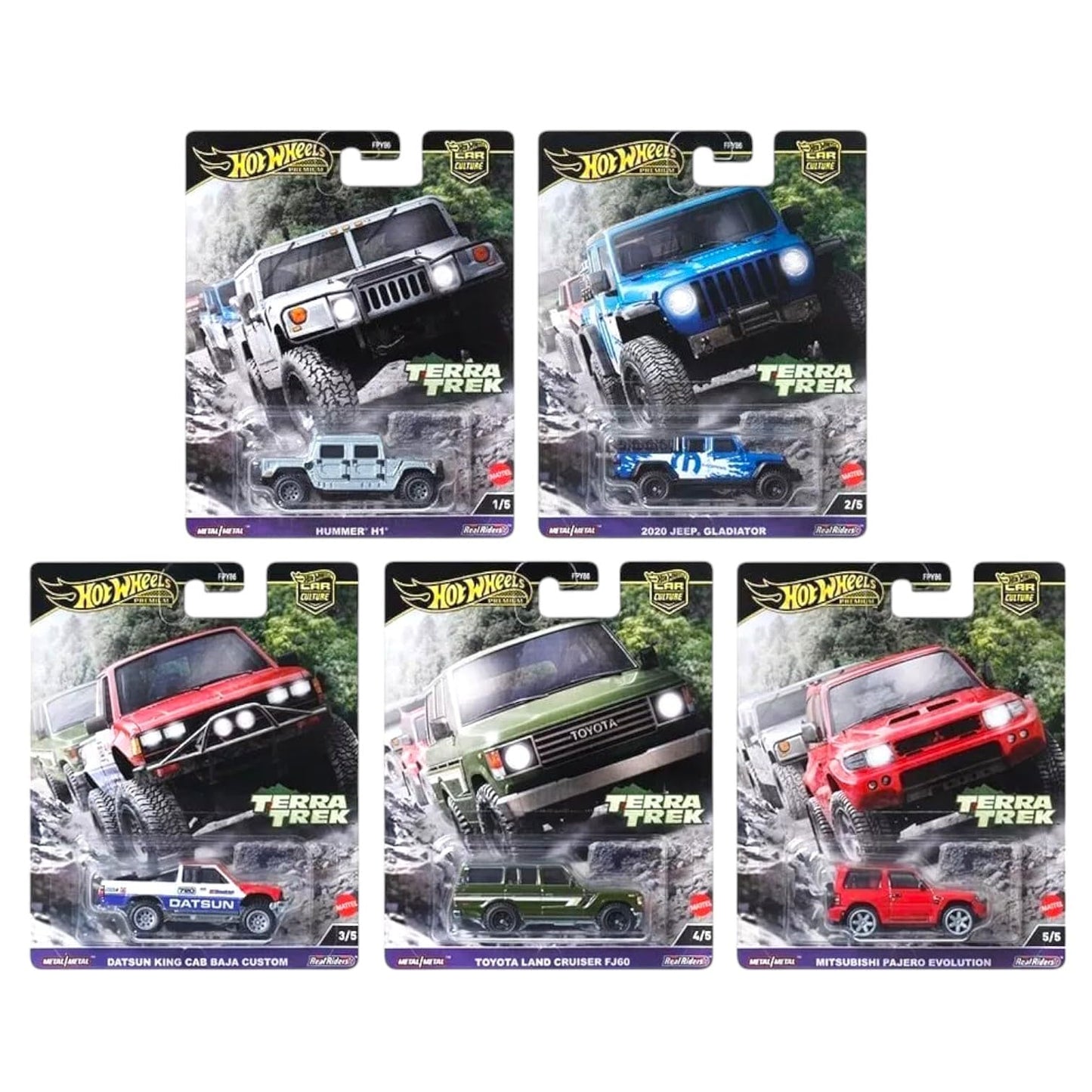 Hot Wheels Terra Trek Off-Road Collection, 5 Die-Cast Cars Set, Hummer H1, Jeep Gladiator, Datsun King Cab, Toyota Land Cruiser, Mitsubishi Pajero…