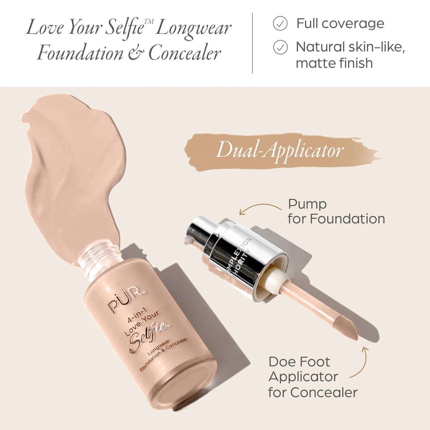 PÜR MINERALS 4-in-1 Love Your Selfie Longwear Foundation and Concealer - Unique, Dual-Applicator Component - Covers Blemishes and Imperfection - Reduce Fine Lines and Wrinkles - MG2 - 1 oz Makeup