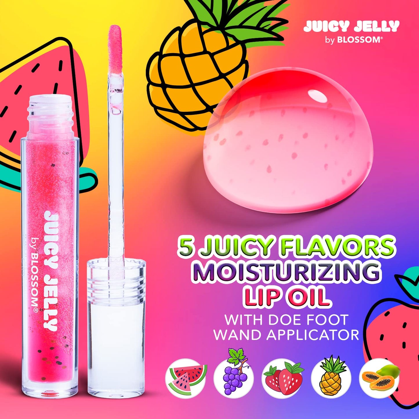 Blossom Lip Gloss Juicy Jelly Moisturizing Fruit Flavored Nourishing High Shine Lip Oil with Doe Foot Wand Applicator, 0.09oz, Strawberry