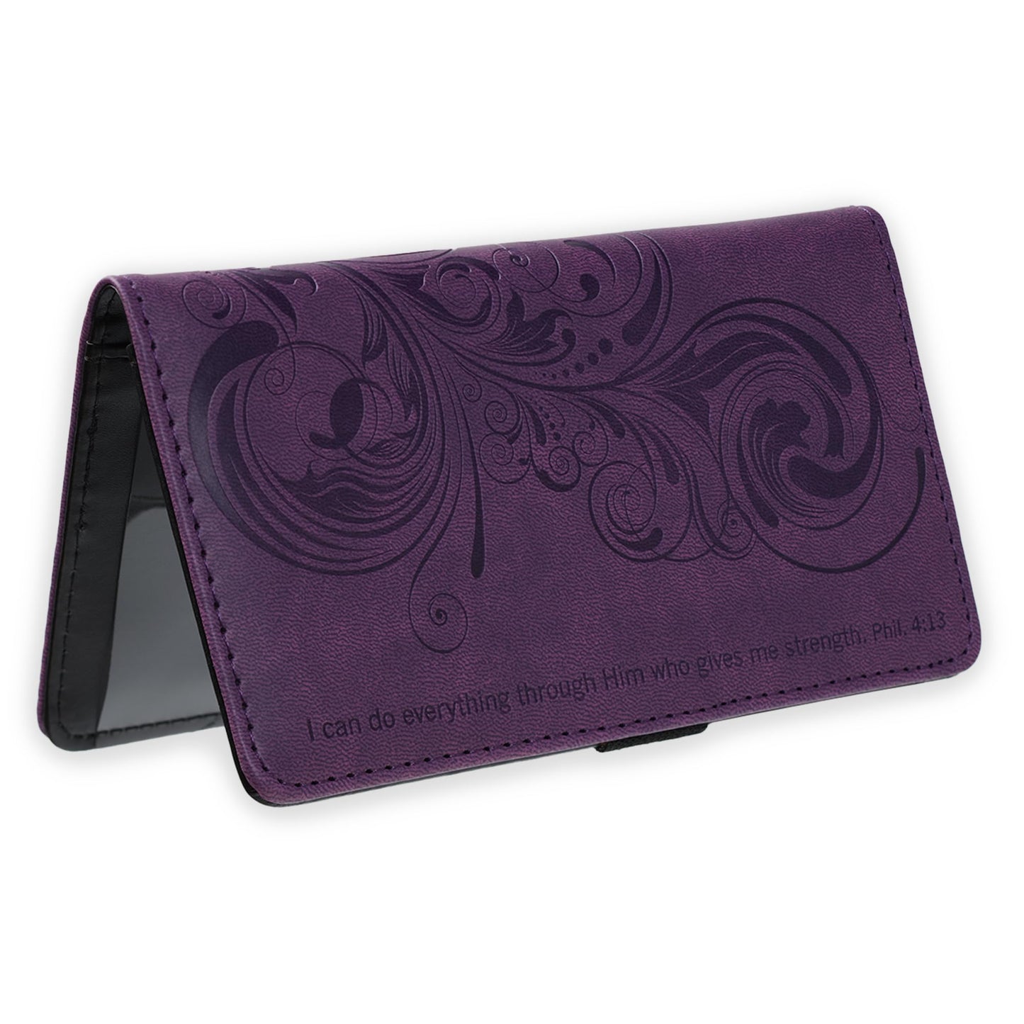 christian art gifts purple faux leather checkbook cover for women - i can do everything through him bi-fold duplicate checks id credit cards & pen…