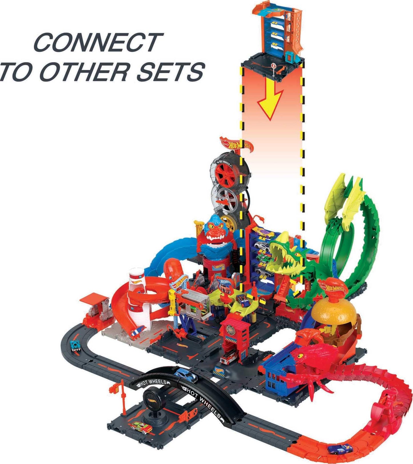 Hot Wheels City Toy Track Set, Downtown Car Park Playset with 1:64 Scale Vehicle, 4 Levels, Working Lift & Exit Chute