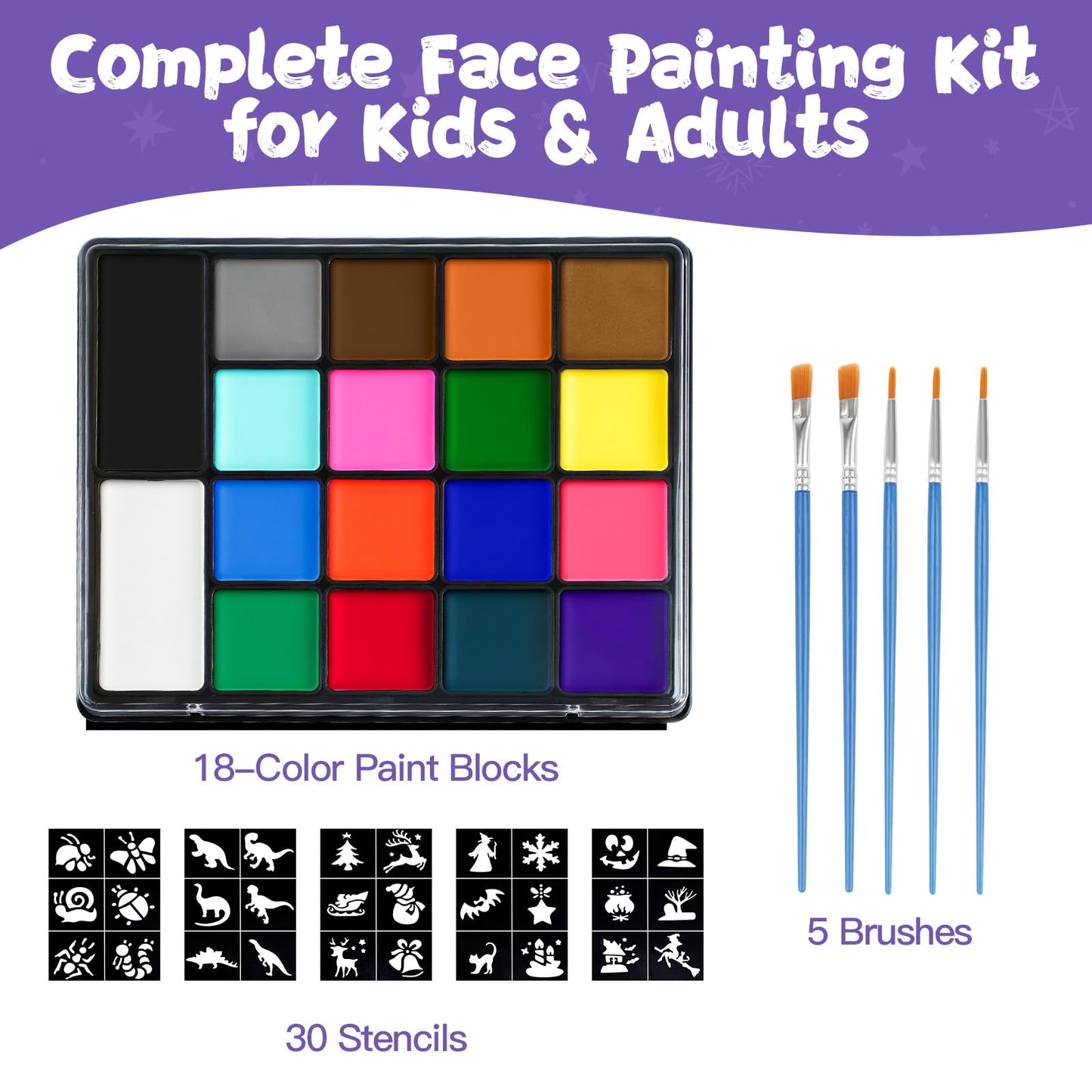 Face Painting Kit for Kids, 18 Colors Water Activated Face Paint with Brushes & Stencils, Non-Toxic Halloween Makeup Kit, Professional Face Body Paint