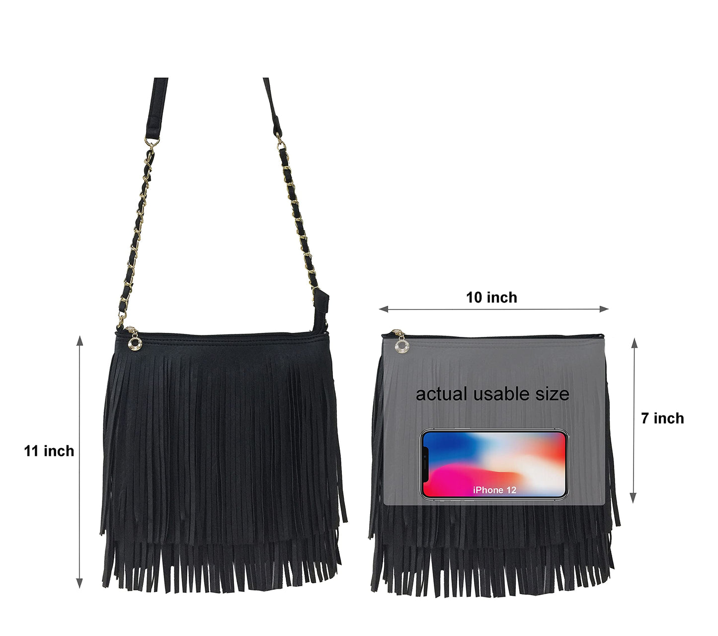 Solene Fringe Crossbody Shoulder Bag with Strap, Tassel Messenger bag, Country Style Western Fringe Purse for Women - Black