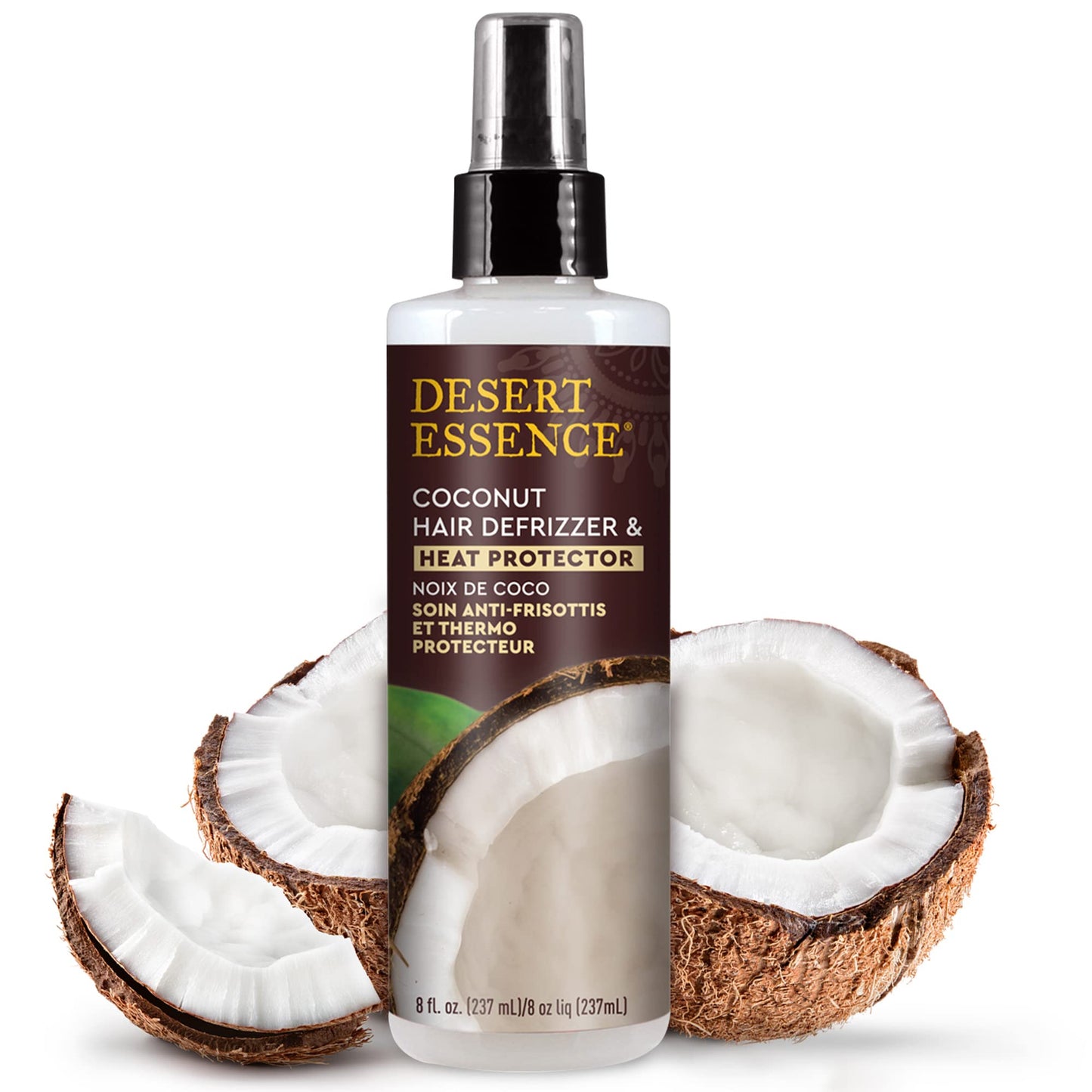 Desert Essence Coconut Hair Defrizzer & Heat Protector 8 fl oz - Gluten Free, Vegan, Cruelty Free - Coconut Oil & Jojoba Seed Extract - Protects Hair