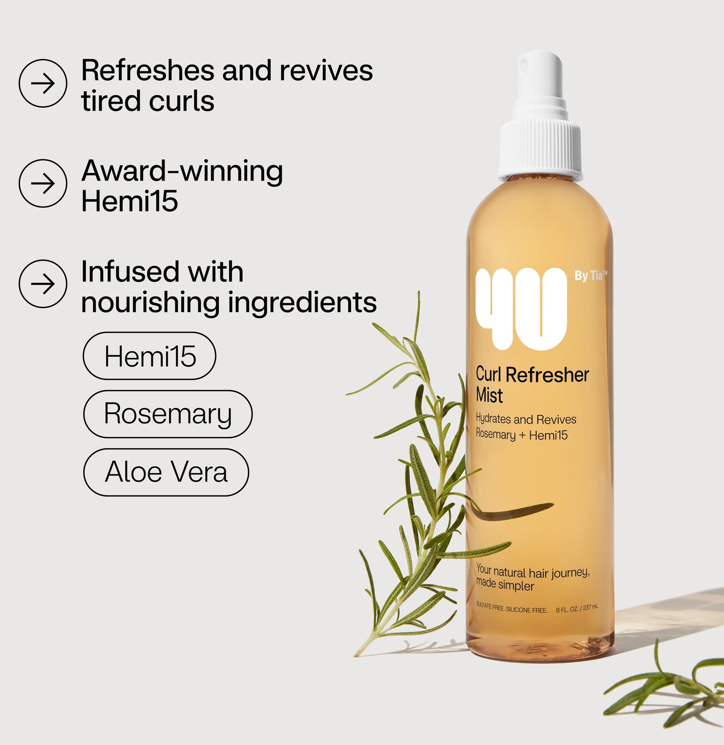 4U by Tia Curl Refresher Mist for Curly, Kinky, Coily 3A-4C Hair - Rosemary and Hemi 15, 8 fl oz