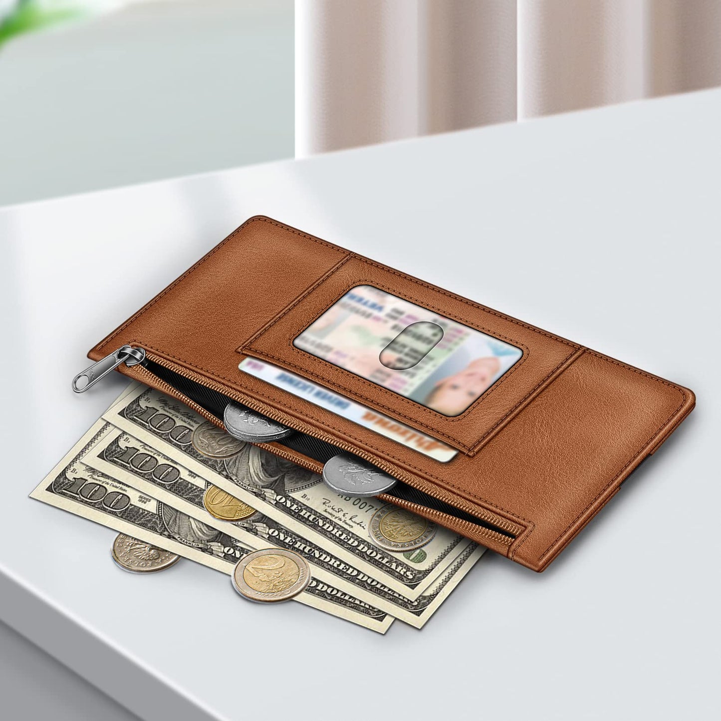 Fintie Slim Credit Card Wallet Holder Change Pouch, RFID Blocking Business Cards Cases with Zipper Pocket for Cash, Coin, Receipt, Brown
