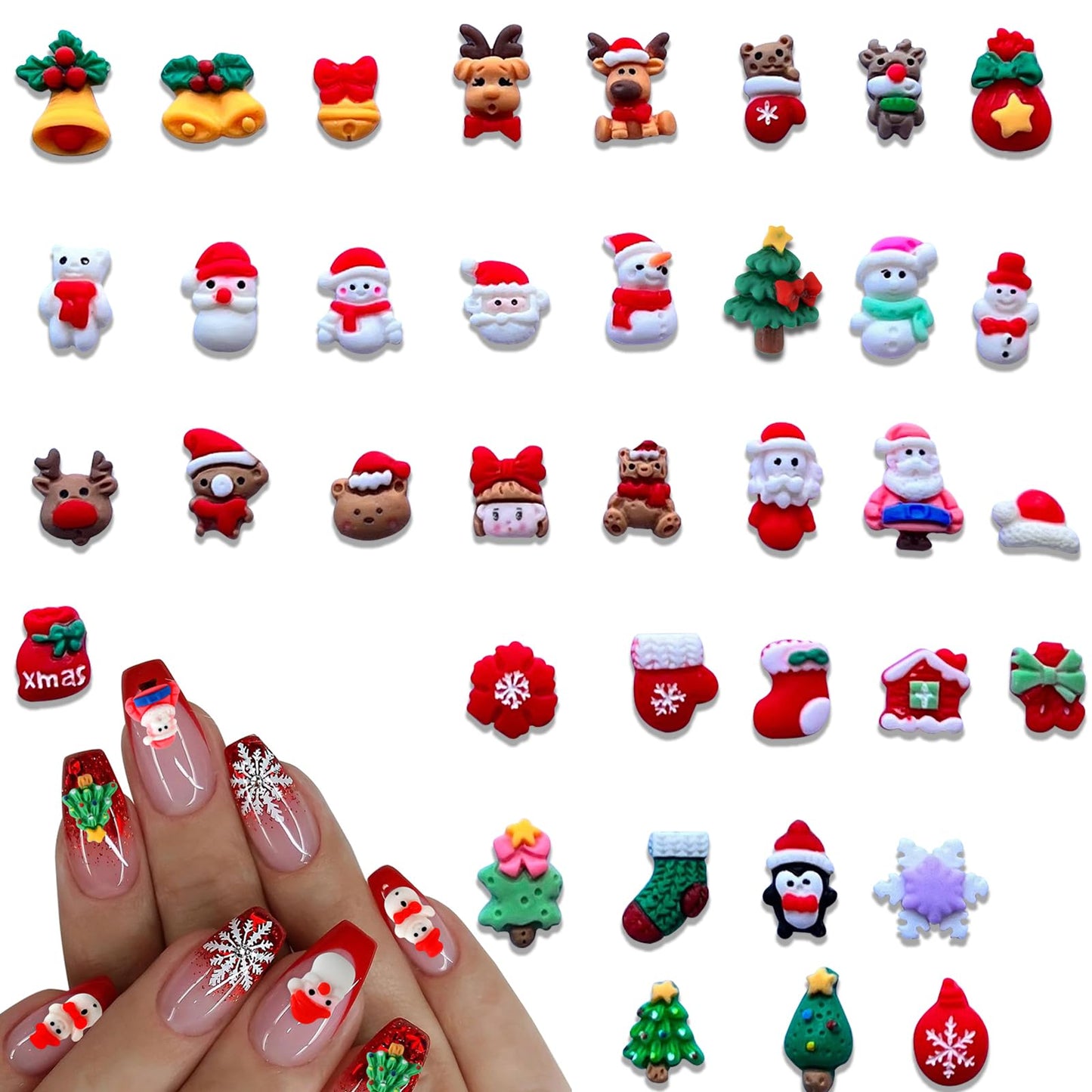 37PCS Christmas Nail Art Charms - Mixed 3D Resin Charms with Santa Claus, Elk, Xmas Tree, Gloves, Bells, Snowman Designs