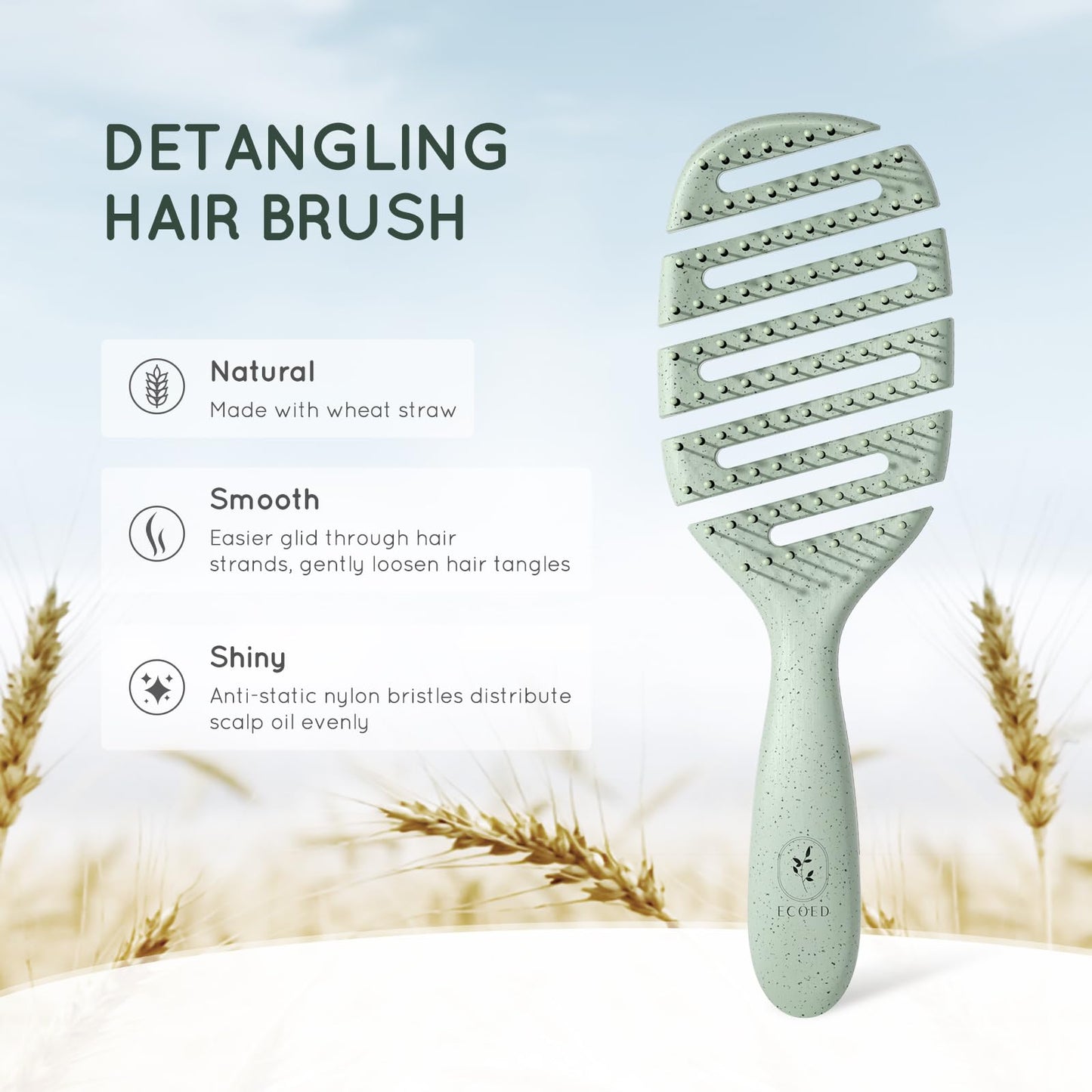 Ecoed Detangler Hairbrush, Soft Bristle Detangling Brush for Straight, Wavy, Curly and Fine Hair, Dry and Wet, Quick Smoothing for Women and Men