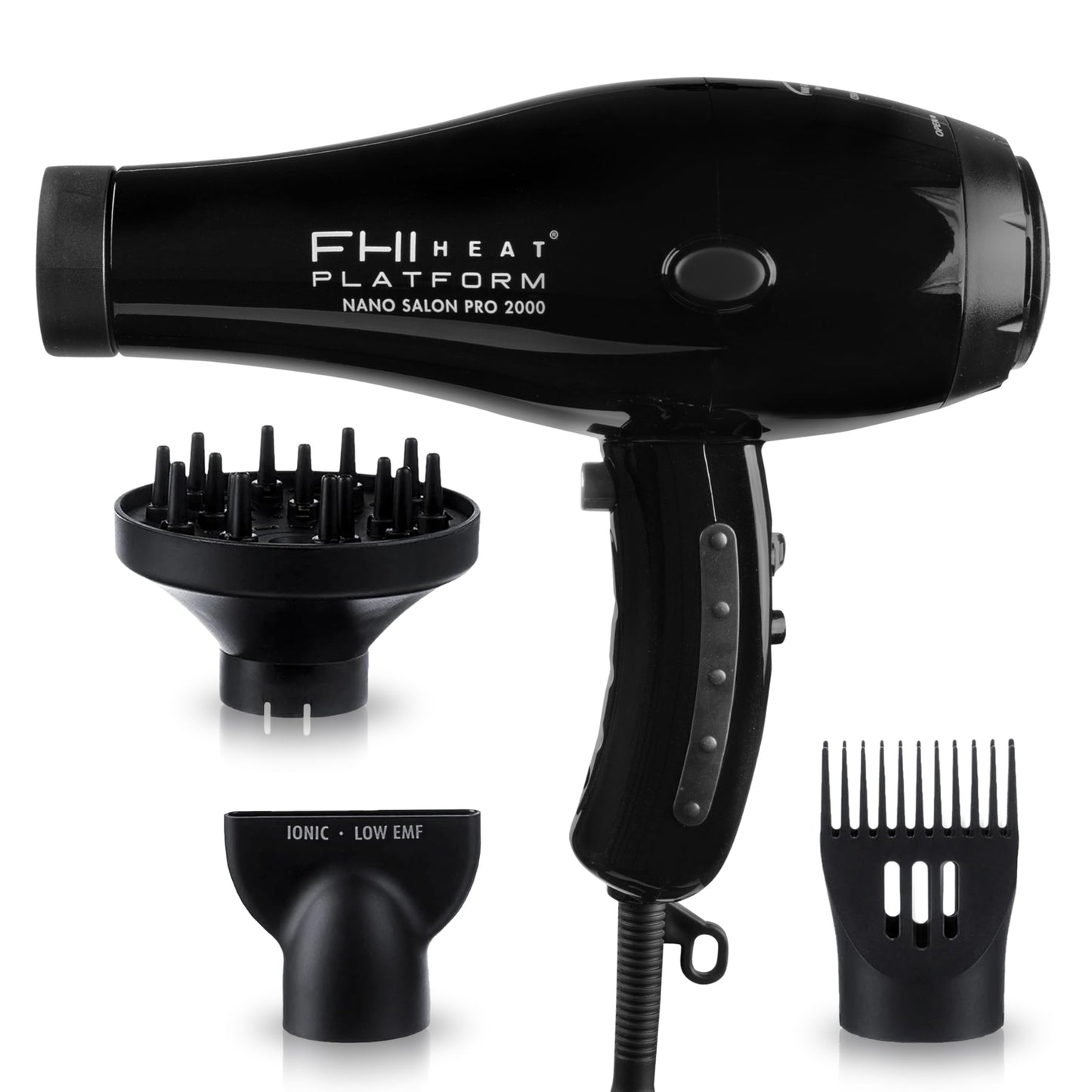 FHI HEAT Platform Nano Power Salon Pro 2000 Tourmaline Ceramic Quick Dry Hair Dryer with 3 Piece Attachment Set (Comb, Concentrator, and Diffuser)