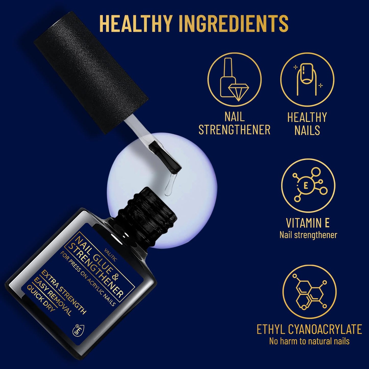 Valitic Strong Nail Glue and Strengthener - Quick Dry Brush On Gel for Long Lasting Nails - Adhesive Bond for False Nails - Strengthener for Nail Tips