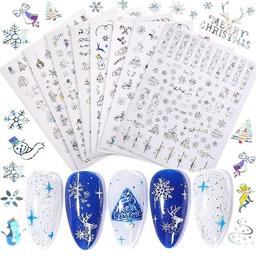 Christmas Nail Stickers - 8 Sheets 3D Holographic Winter Nail Decals Santa Claus Deer Snowflakes Snowmen Xmas Nail Art Sticker Manicure DIY Nail