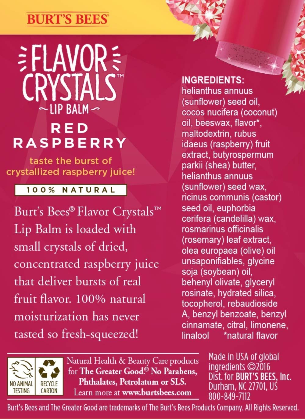 Burt's Bees Flavor Crystals 100% Natural Lip Balm, Red Raspberry with Beeswax & Fruit Extracts - 1 Tube,0.16 ounce