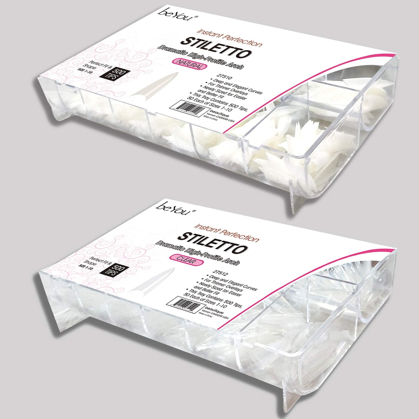 Vivace 2PACK Natural/Clear Stiletto 500 Acrylic False Fake Gel Nail Tips (Total 1000Tips) 10Sizes With Clear Acrylic Case For Nail Salon Nail Shop