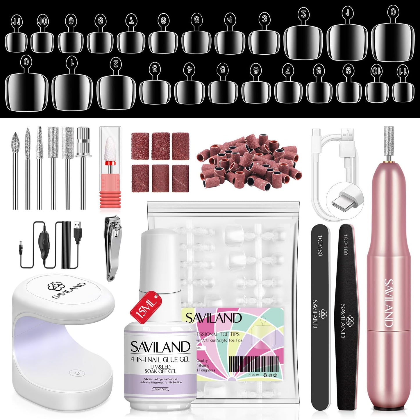 SAVILAND Toe Nail Tips and Glue Gel Kit - Gel Nail X Kit for Toes Poly Press On Toes Nails Kit with Nail Drill 500 Pcs Fake Toenails Tips with Nail Beauty and Personal Care SAVILAND