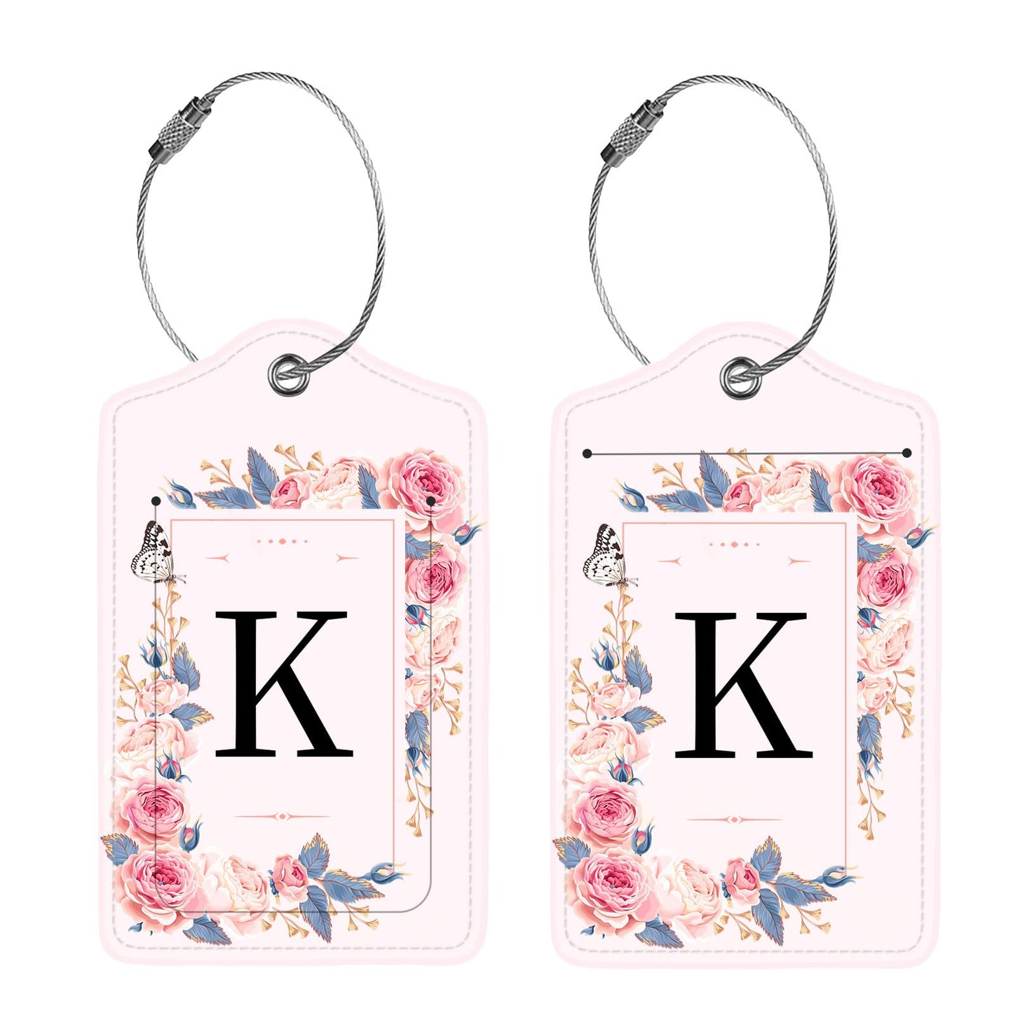2 Pcs PU Leather Luggage Tags – Suitcase ID Tags with Privacy Shield & Address Card for Travel Bags, Backpacks & Handbags (Flower & Monogram K)