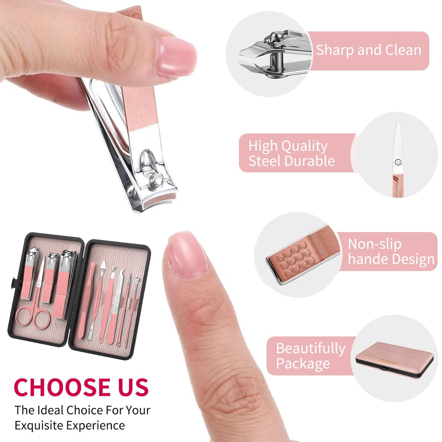 ZIZZON Travel Mini Manicure Set Nail Clipper Set 10 in 1 Stainless Steel Pedicure Care Grooming kit with Case Pink