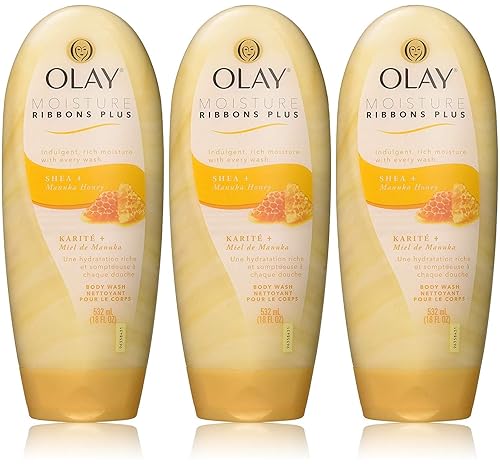 Olay Moisture Ribbons Plus Body Wash - Shea & Manuka Honey - Net Wt. 18 FL OZ (532 mL) Per Bottle - Pack of 3 Bottles