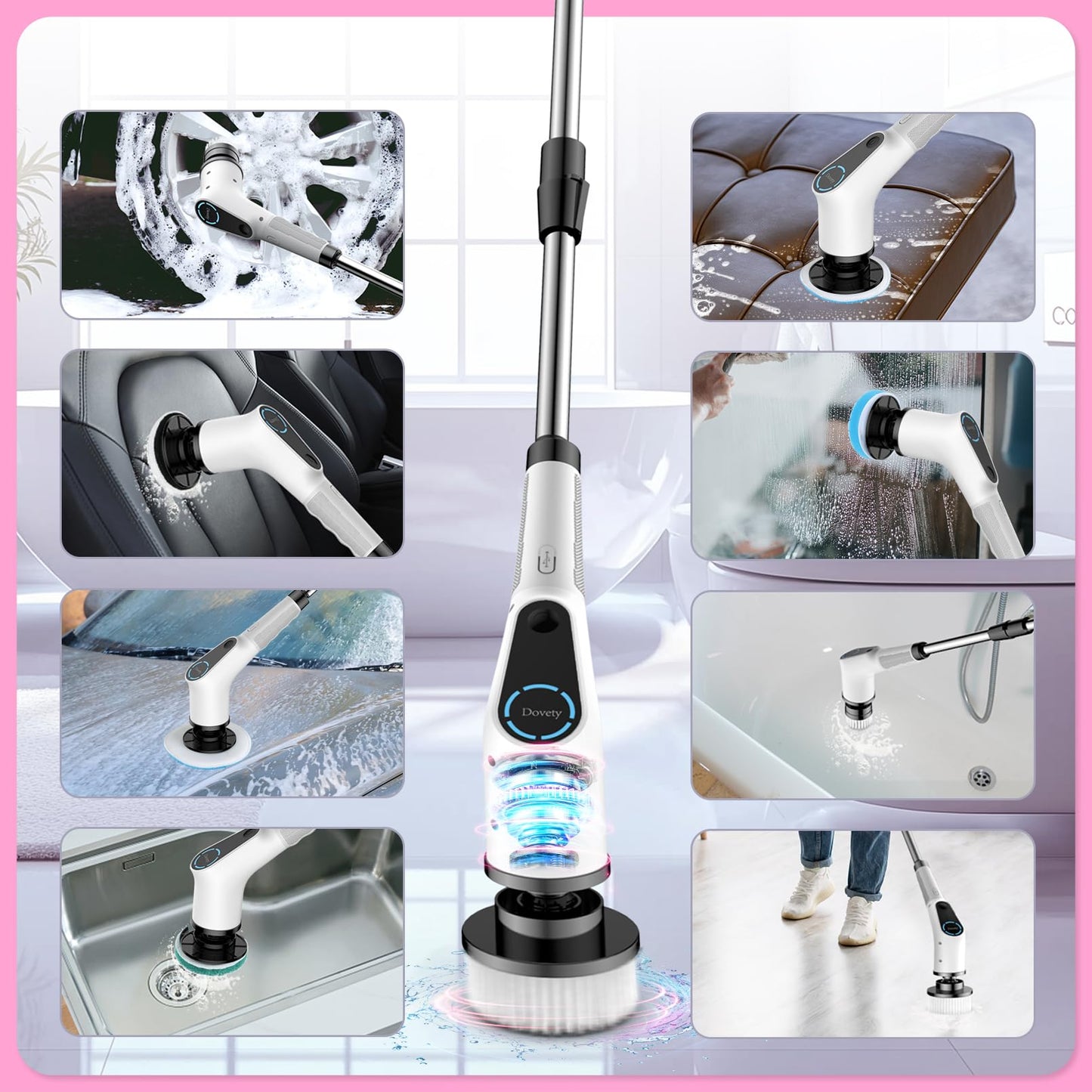 Dovety Electric Spin Scrubber – Cordless Cleaning Brush with 8 Heads, 2 Speeds & Extension Handle for Tile, Grout, Bathtub, Floor