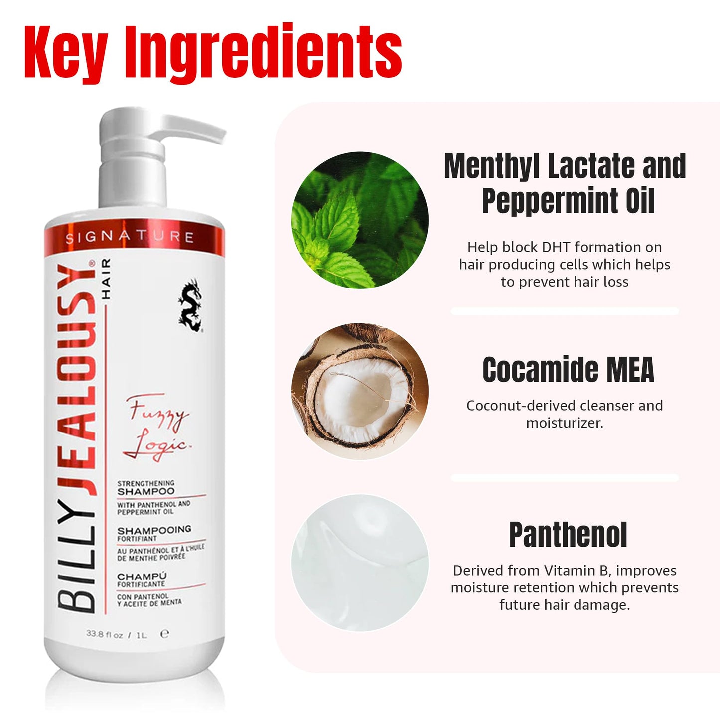 Billy Jealousy Fuzzy Logic Men's Shampoo for Thinning Hair, Peppermint-Infused, With DHT Blockers to Prevent Hair Loss and Breakage, Cleans
