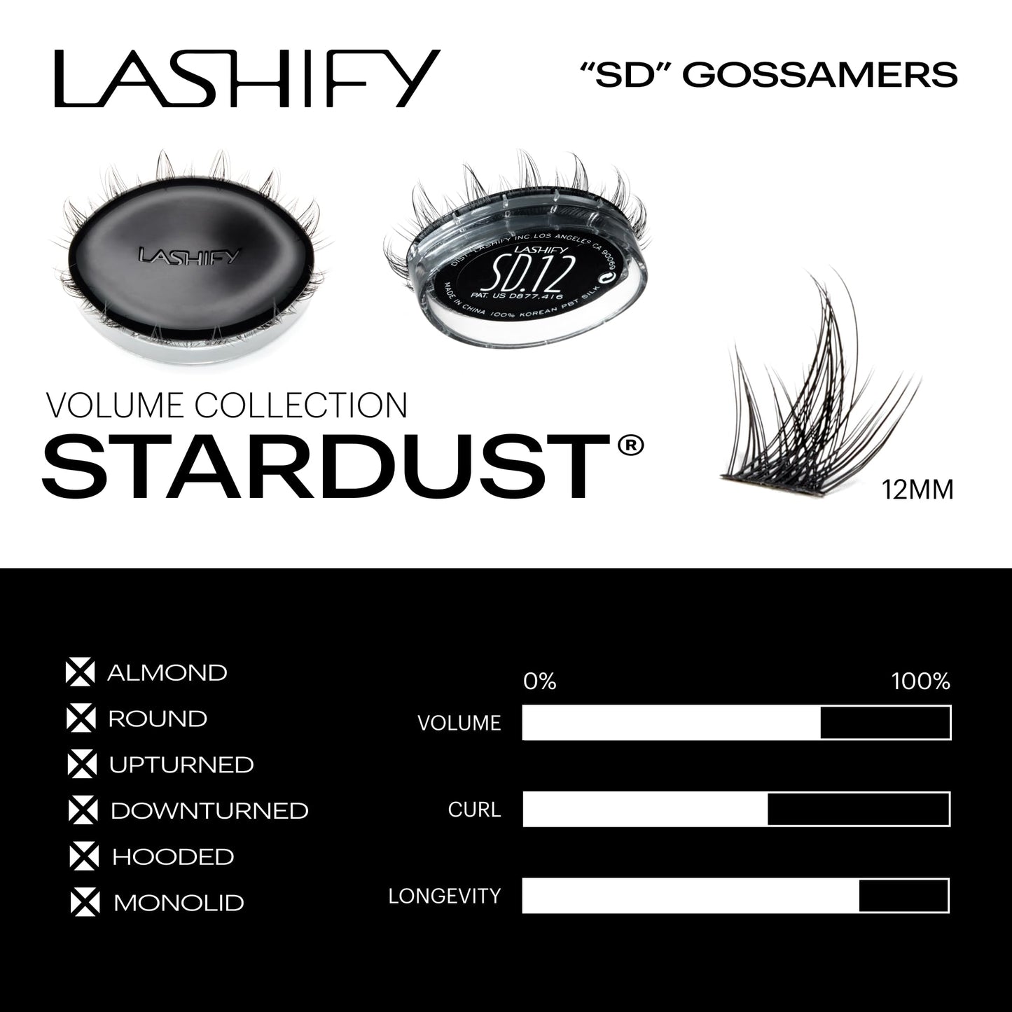 Lashify Stardust 12mm Gossamer DIY Eyelash Extensions Refill, The Multi-Length Multi Layered Lash, Thin Fibers of the Classic "C" Style, Black, Easy