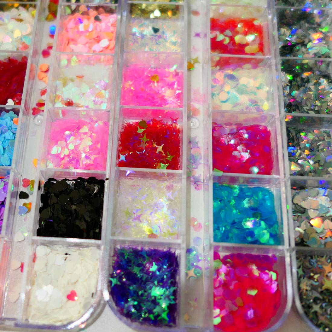 AddFavor 4 Boxes Holographic Nail Sequins Mixed Shapes Iridescent Glitter Flakes Hearts Star Moon DIY Design Manicure Nail Art Decorations Sets