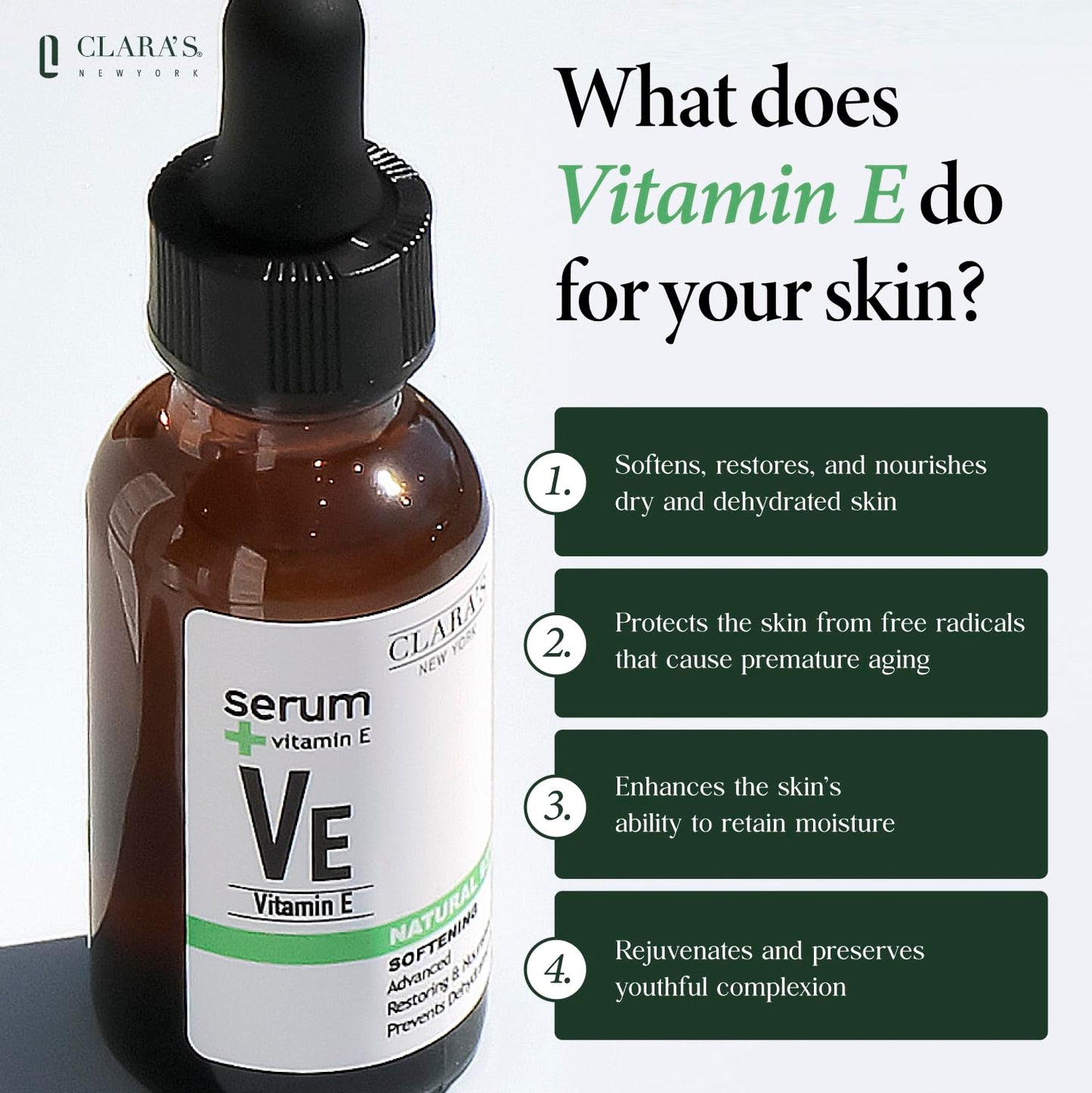 CLARA'S NEW YORK | Softening Vitamin E Facial Serum | Protecting Skin Barrier, Smoothing, Restoring and Nourishing | Non-greasy, Lightweight Formular