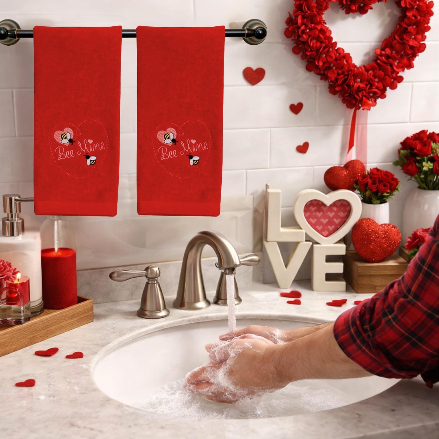 Serafina Home Soft Absorbent Funny Cotton Valentine Hand Towels: Embroidered Be Mine Bees Hearts on Red 2 Piece Set
