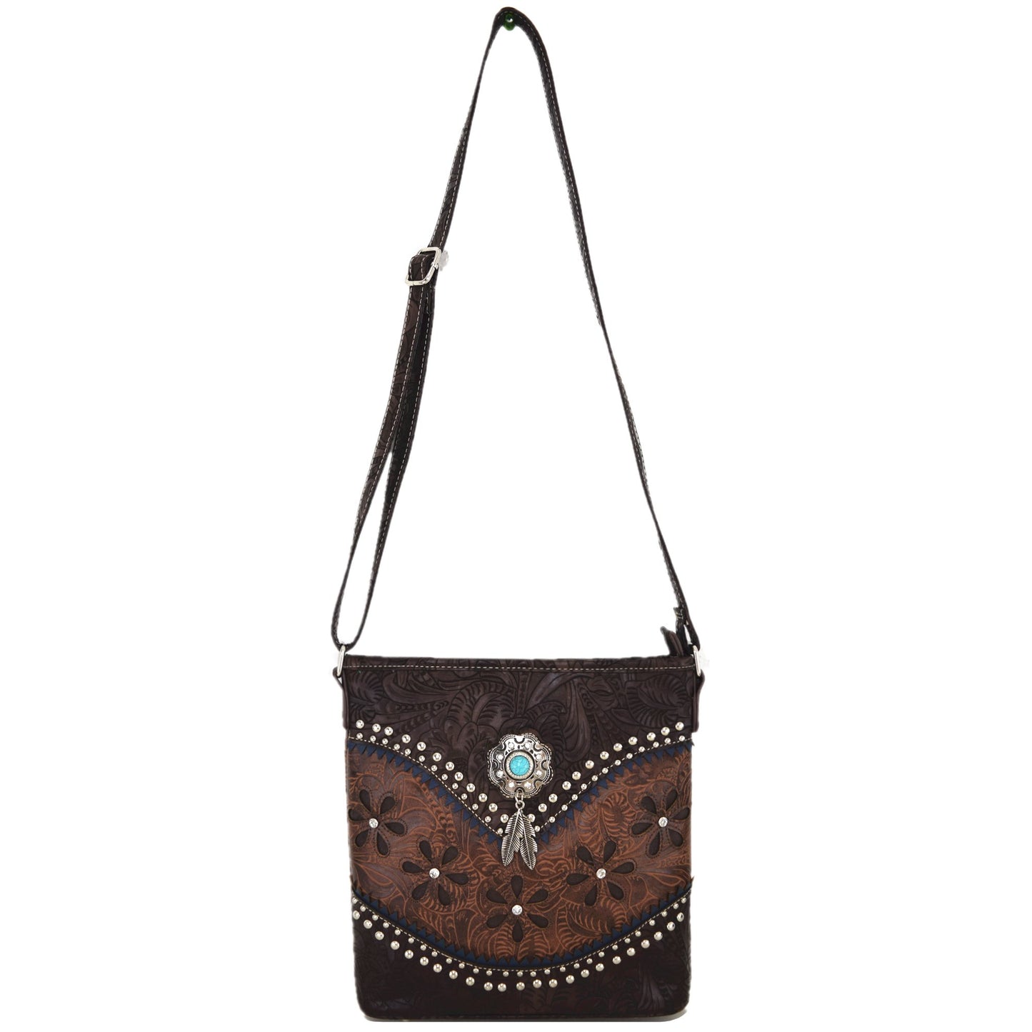 Western Style Tooled Leather Feather Crossbody Handbags Clutch Purse Women Country Everyday Shoulder Bag (Coffee)
