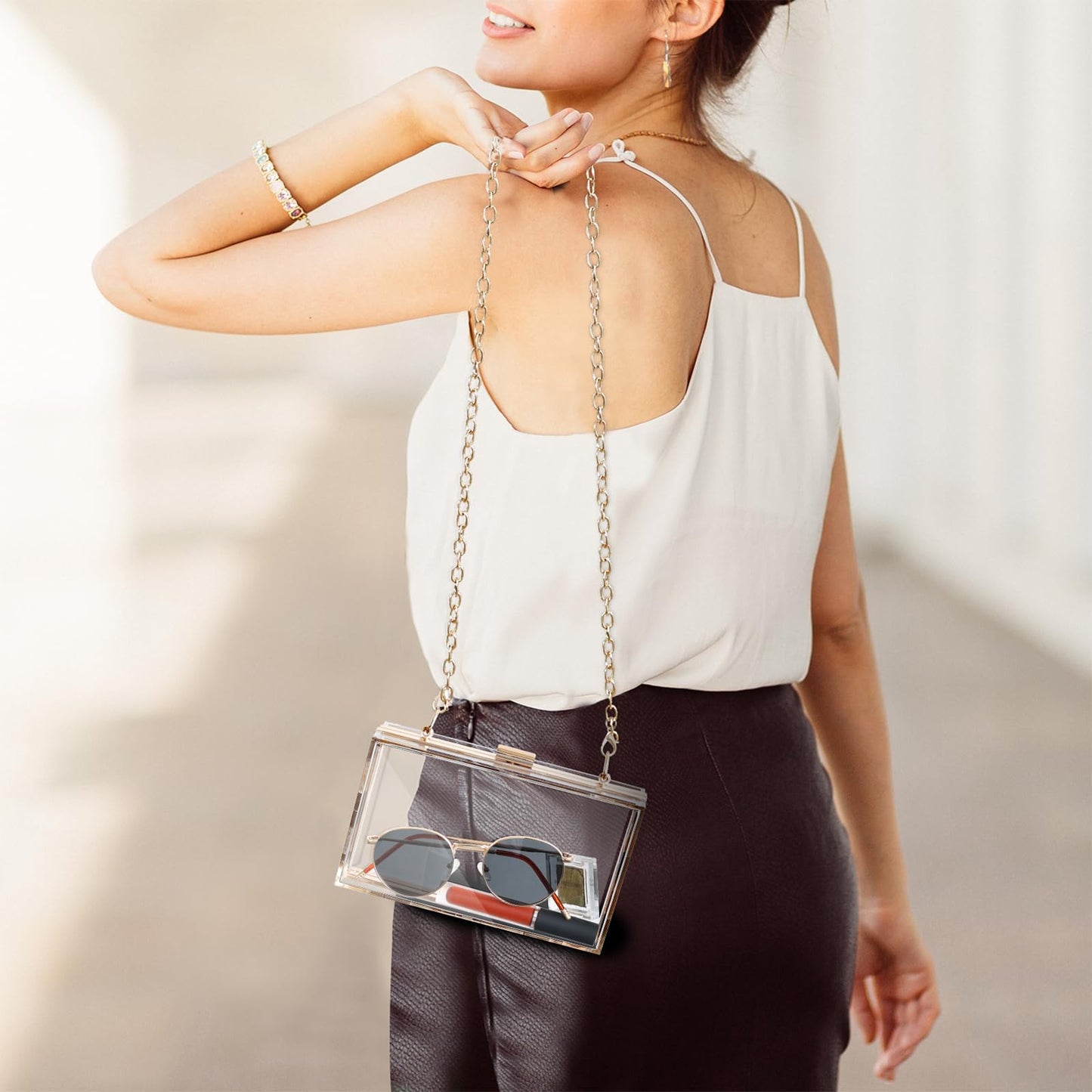 WJCD Women Clear Purse Acrylic Box Clutch Handbag, Small Transparent Crossbody Evening Bag Stadium Approved Gold Chain Strap (Gold)