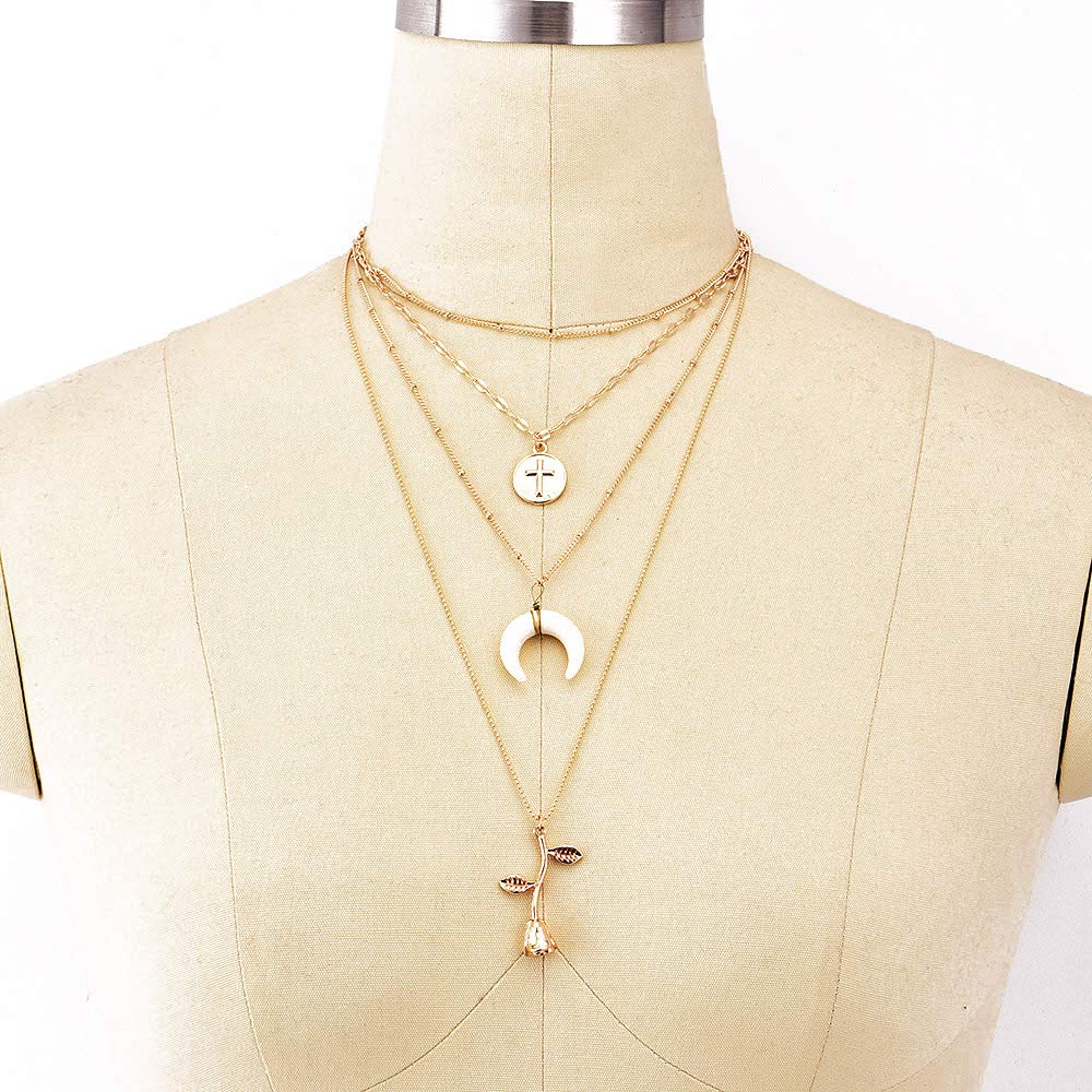 DoubleNine Double Strand Gold Chain Necklace Star Sun Crystal Minimalist Wedding Evening Necklace for Women Girls