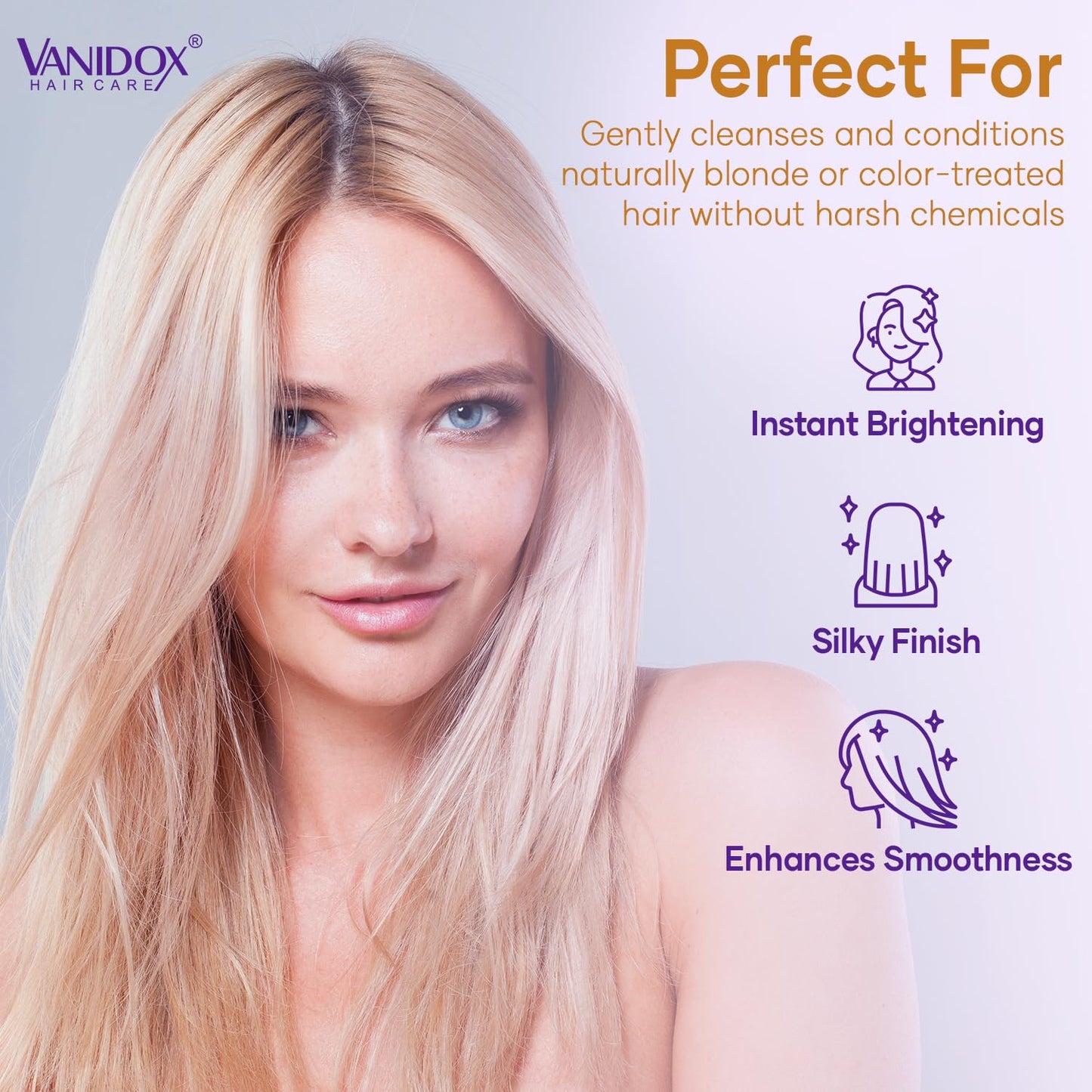VANIDOX Sulfate Free Brass Toning Purple Shampoo and Conditioner Set for Blondes, Brown Highlighted, or Bleached Hair, Shampoo for Blondes Infused