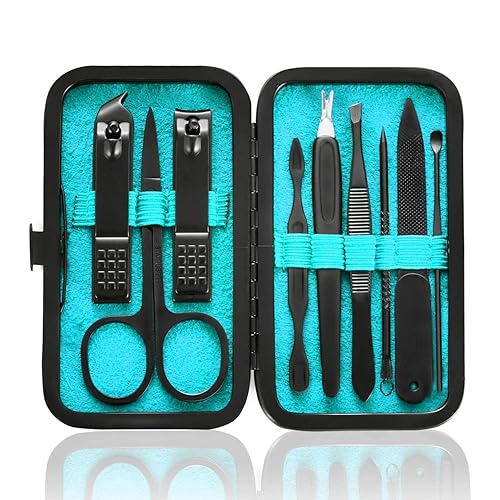 HANTEKAS Manicure Set 9 in 1 Stainless Steel, Nail Clippers Scissors Pedicure Tools Kit - Portable Travel Grooming Kit for Men and Women