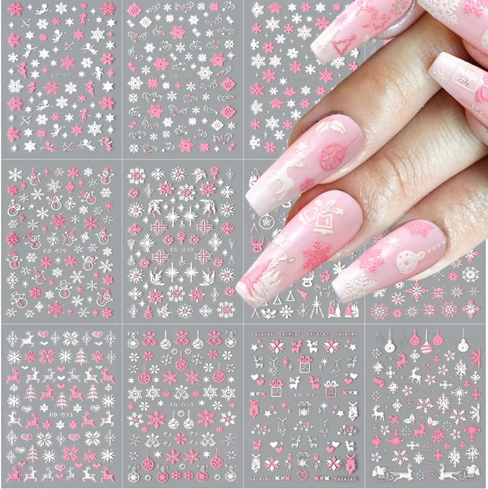 Christmas Nail Art Stickers, 8Sheets 5D Embossed Snowflake Nail Decals Pink White Snowflake Bell Elk Snowmen Xmas Tree Winter Nail Design DIY