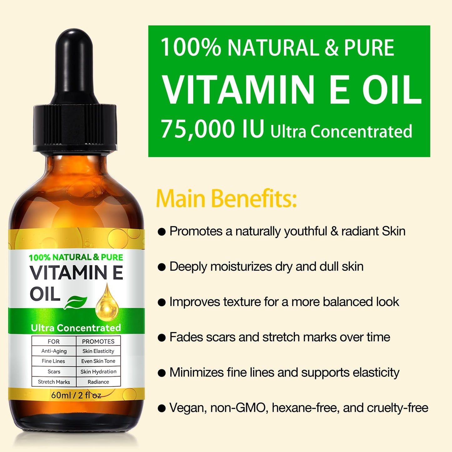 flasture Vitamin E Oil 75,000 IU - 100% Pure Natural Vitamin E for Skin, Face, Hair, Scars - Deep Moisturizing Body Oil for Dry Skin, Wrinkles Beauty and Personal Care flasture