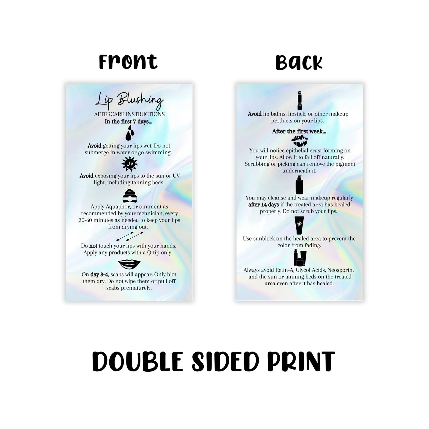 Lip Blush Aftercare Instructions Card | 50 Pack | 2x3.5" inches Business Card Size | Lip Glow Lip Blush PMU Lip Tint Lip Tattoo | Holographic Design