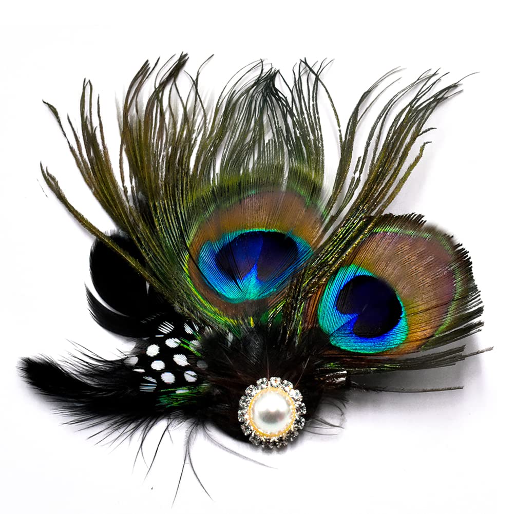 Aliotech Butterfly Peacock Feather Hair Clip with Artificial Pearl Rhinestones, 13.2*8cm - Bridal, Wedding & Party Hair Accessory