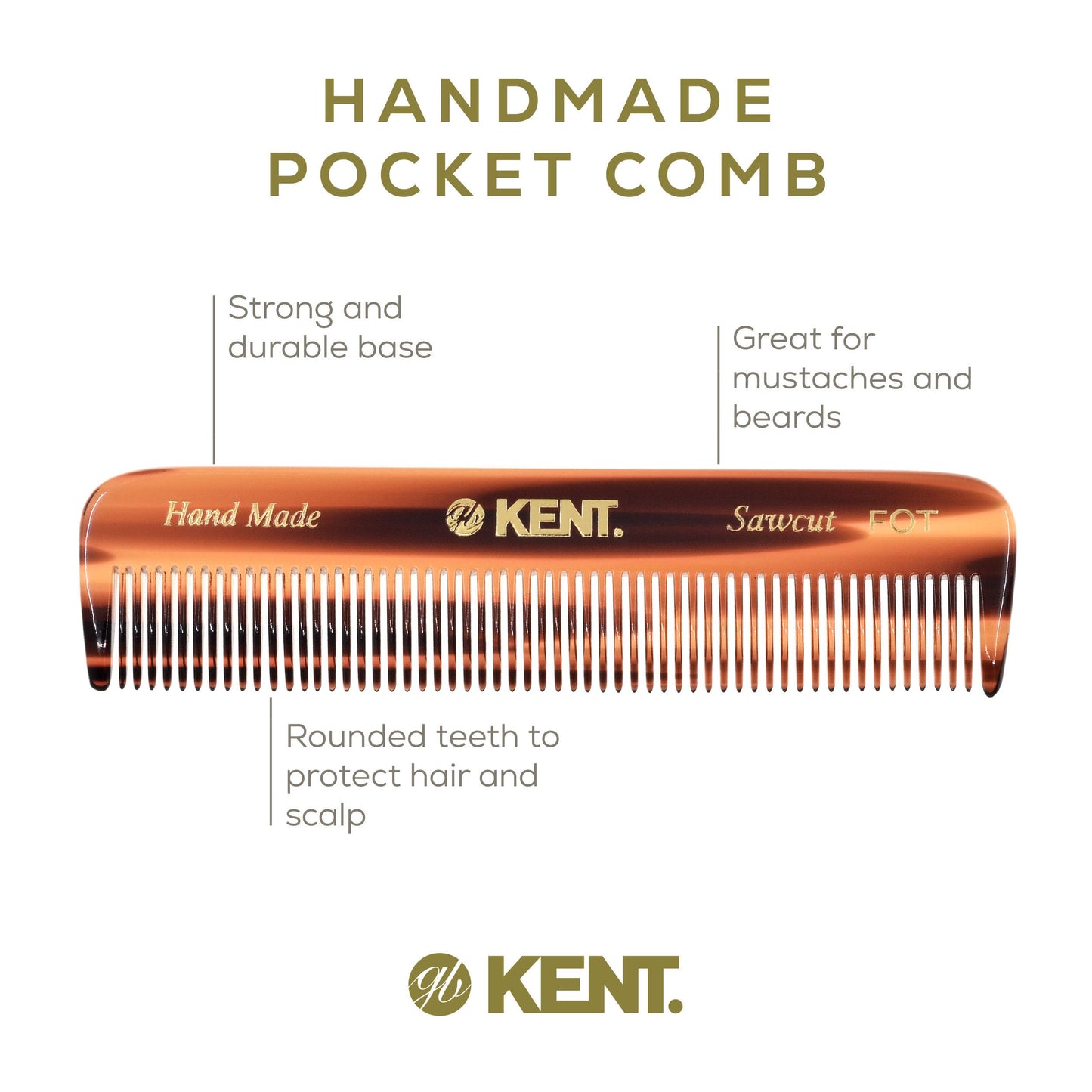 Kent FOT Tortoise Fine Tooth Handmade Pocket Comb for Men, Women and Kids, Hair Comb Straightener for Everyday Grooming and Styling, Beard Beauty and Personal Care KENT