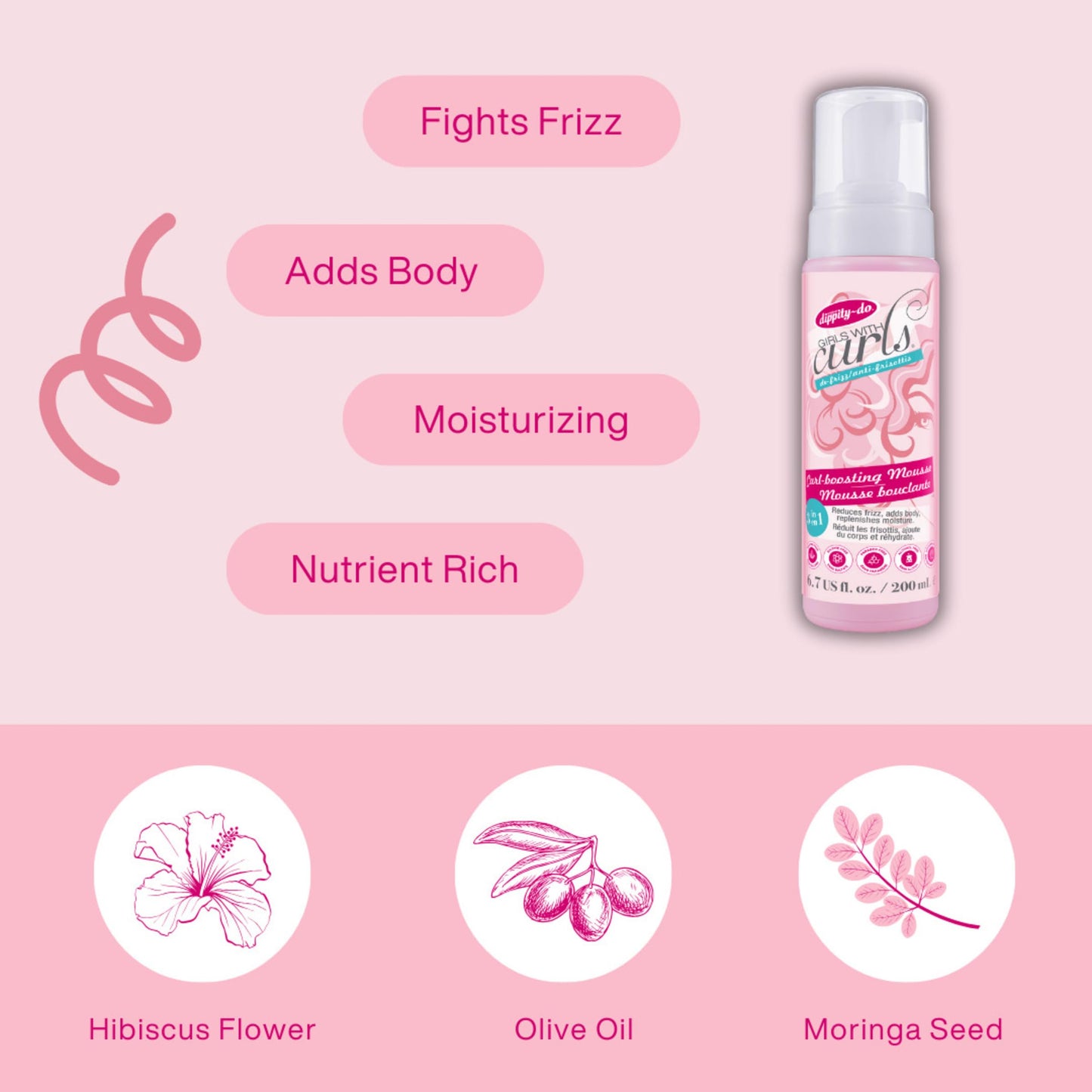 Dippity Do Girls With Curls Curl Enhancing Mousse, Light, 3-in-1 Defining Foaming Mousse for Curly Wavy Hair, Hibiscus, Olive Oil, Anti Frizz Bouncy