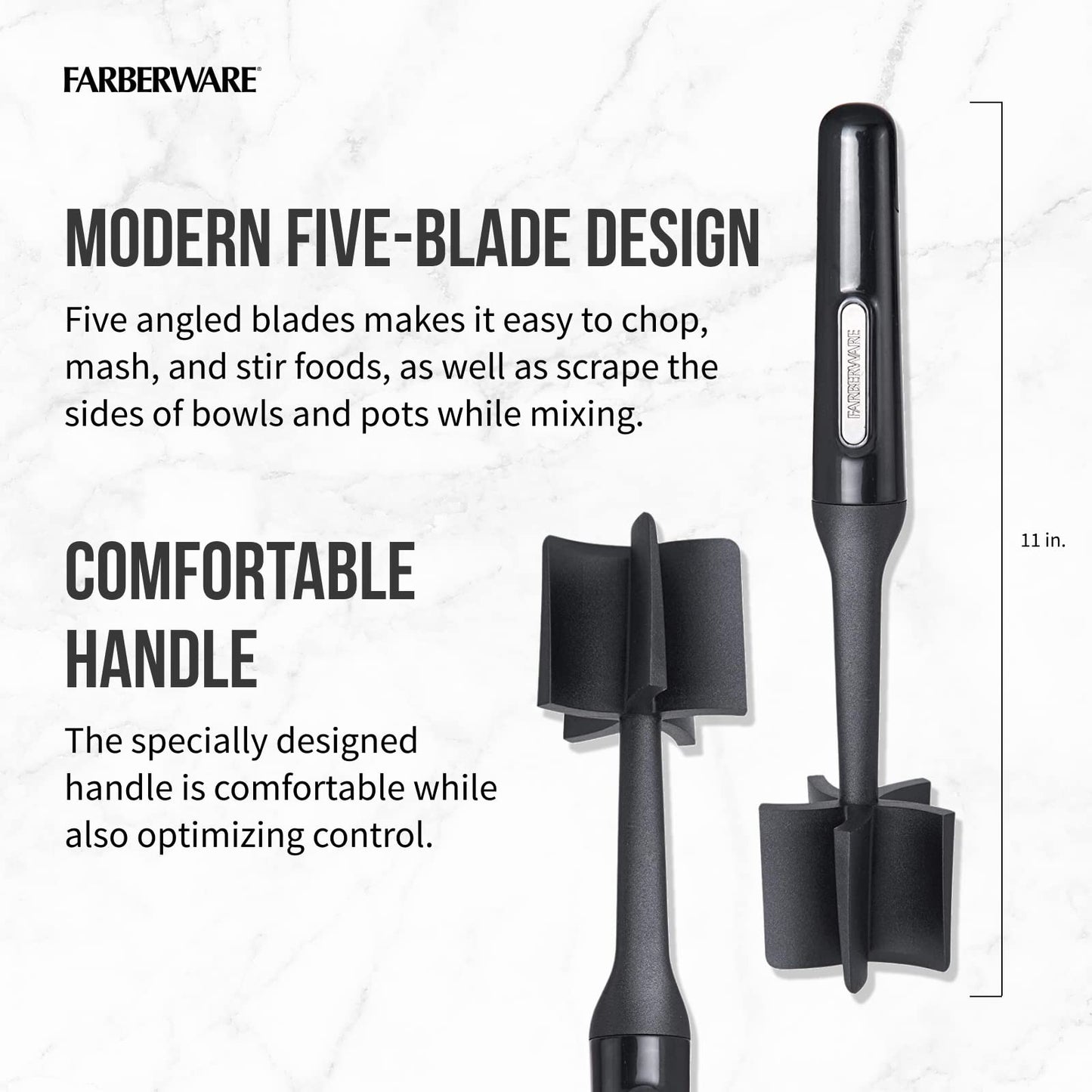 FARBERWARE 10-Inch Nylon Meat & Potato Masher – Heat-Resistant, Non-Stick Safe, Durable Kitchen Tool with Ergonomic Handle, Black