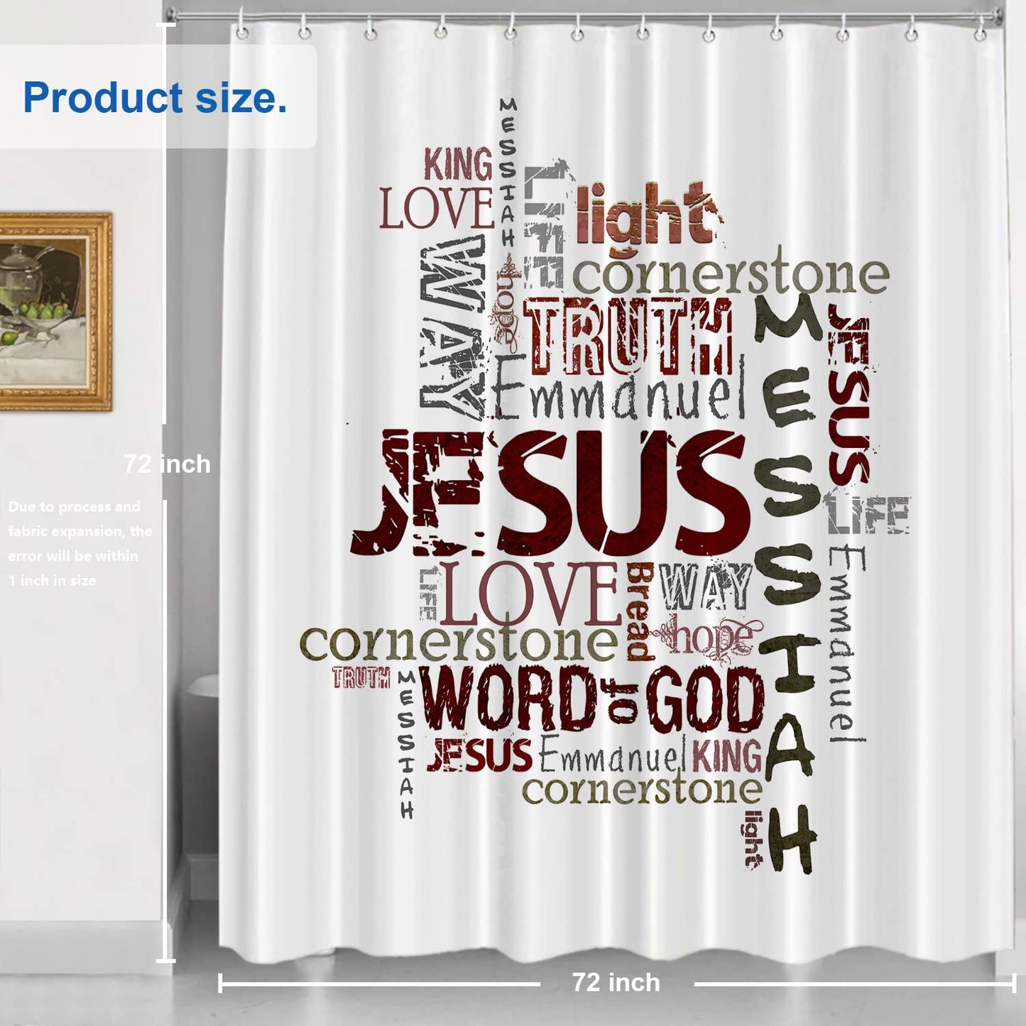 Shrahala Words White Decorative Church Love Shower Curtain, 72x72 Inch Waterproof with Grommets