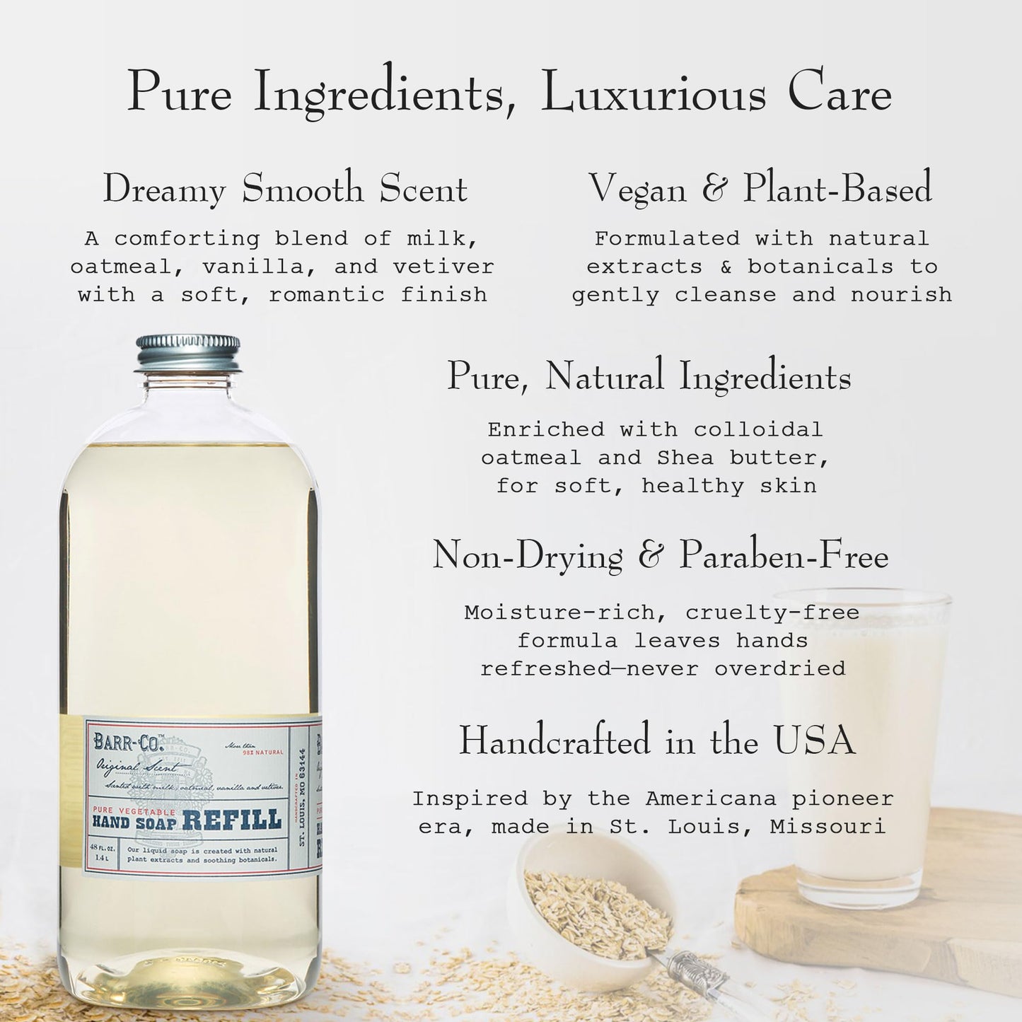 BARR-CO. Liquid Soap Refill - Natural Hand Soap with Oat, Vanilla & Vetiver - Vegan, Moisturizing Formula for Bathroom & Kitchen, Original Scent 32fl