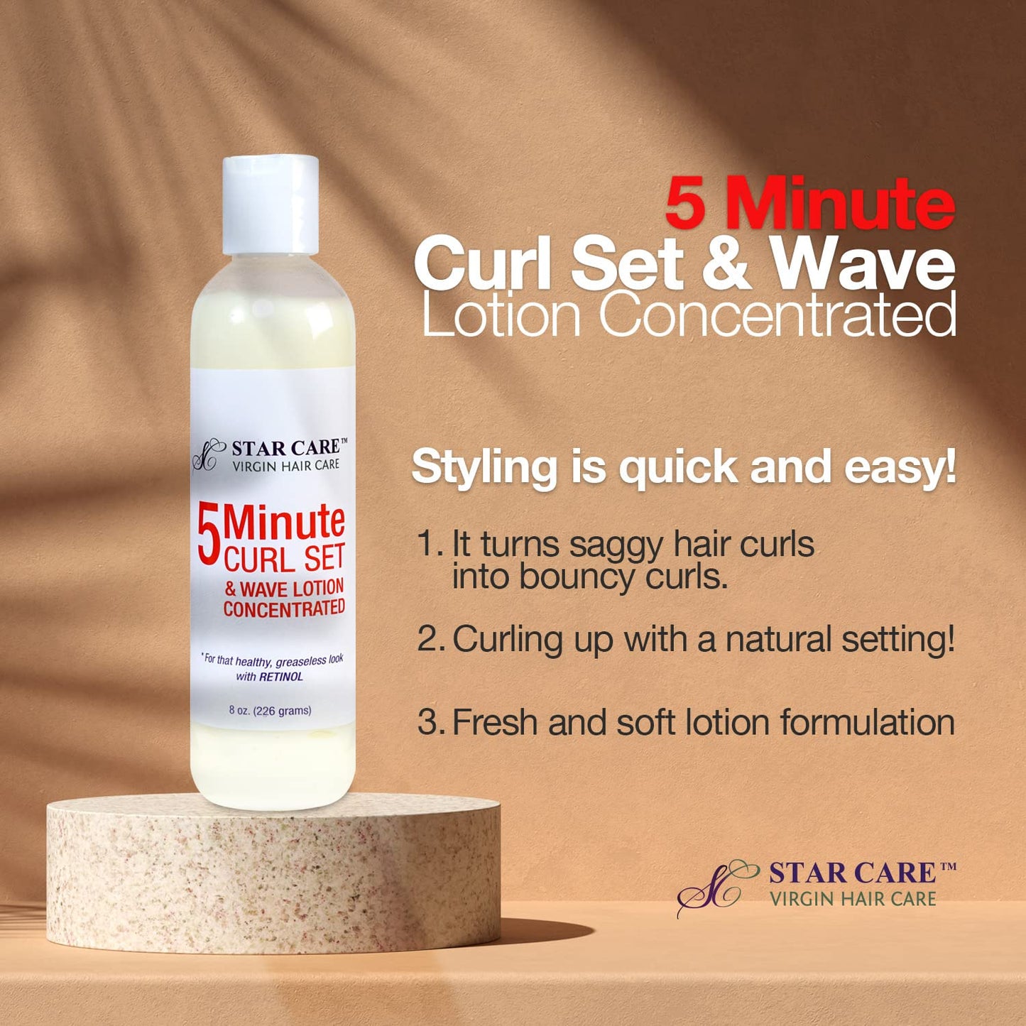 STAR CARE 5 Minute Curl Set & Wave Lotion concentrated with Retinol, Adds Sheen, Repairs & Moisturizes, Ideal for Hairpieces, Braids & Perms 8oz/226g