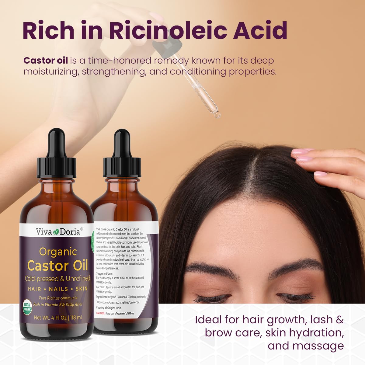 Viva Doria Organic Castor Oil, 4 Fl Oz | Virgin, Cold Pressed, Hexane-Free, Vegan | Nourishing Hair & Skin Care | Eyelash & Brow Serum | Glass Bottle