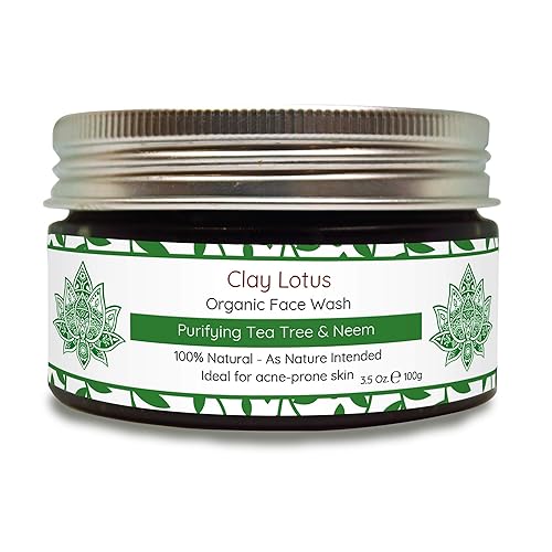 Clay Lotus Organic Face Wash - Acne-Prone, Oily Skin Cleanser with Tea Tree Oil & Neem. All-Natural Ingredients for Blemishes, Redness & Blackheads