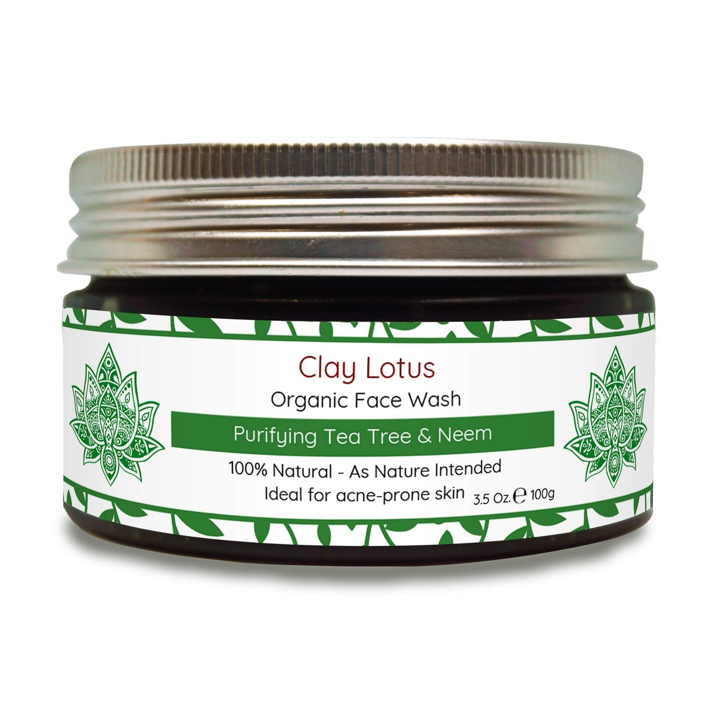 Clay Lotus Organic Face Wash - Acne-Prone, Oily Skin Cleanser with Tea Tree Oil & Neem. All-Natural Ingredients for Blemishes, Redness & Blackheads