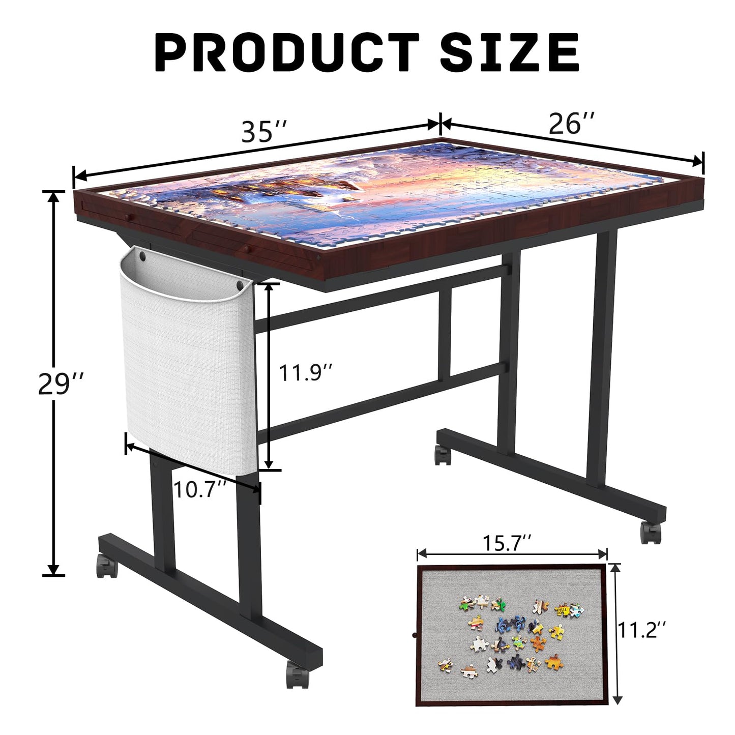 Doerpuz Jigsaw Puzzle Table – 1500 Piece Board with Legs, Wheels & Storage Pocket, 5 Adjustable Levels, Drawers, Coffee Color