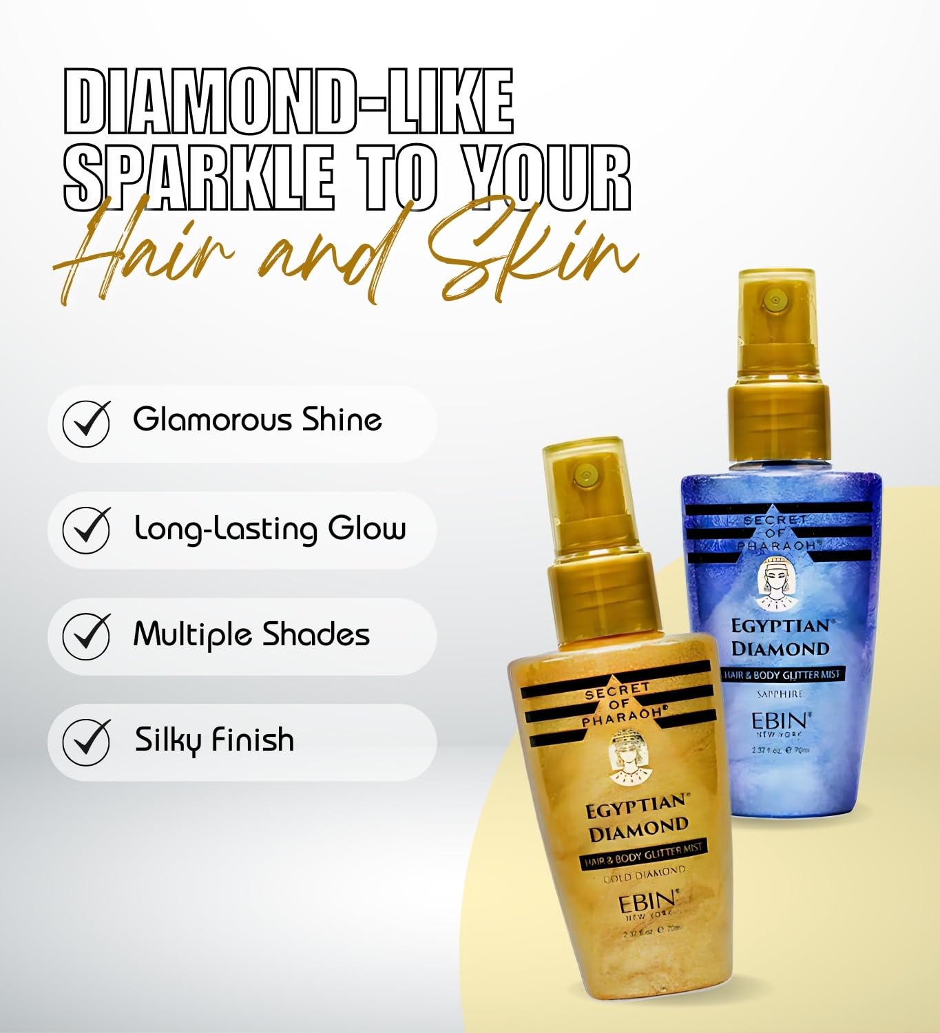 Shiny Glitter Spray for Hair & Body - Secret of Pharaoh Egyptian Diamond Gold Bundle with Sapphire Glitter Mist 2.37 Fl Oz by EBIN NEW YORK - Travel
