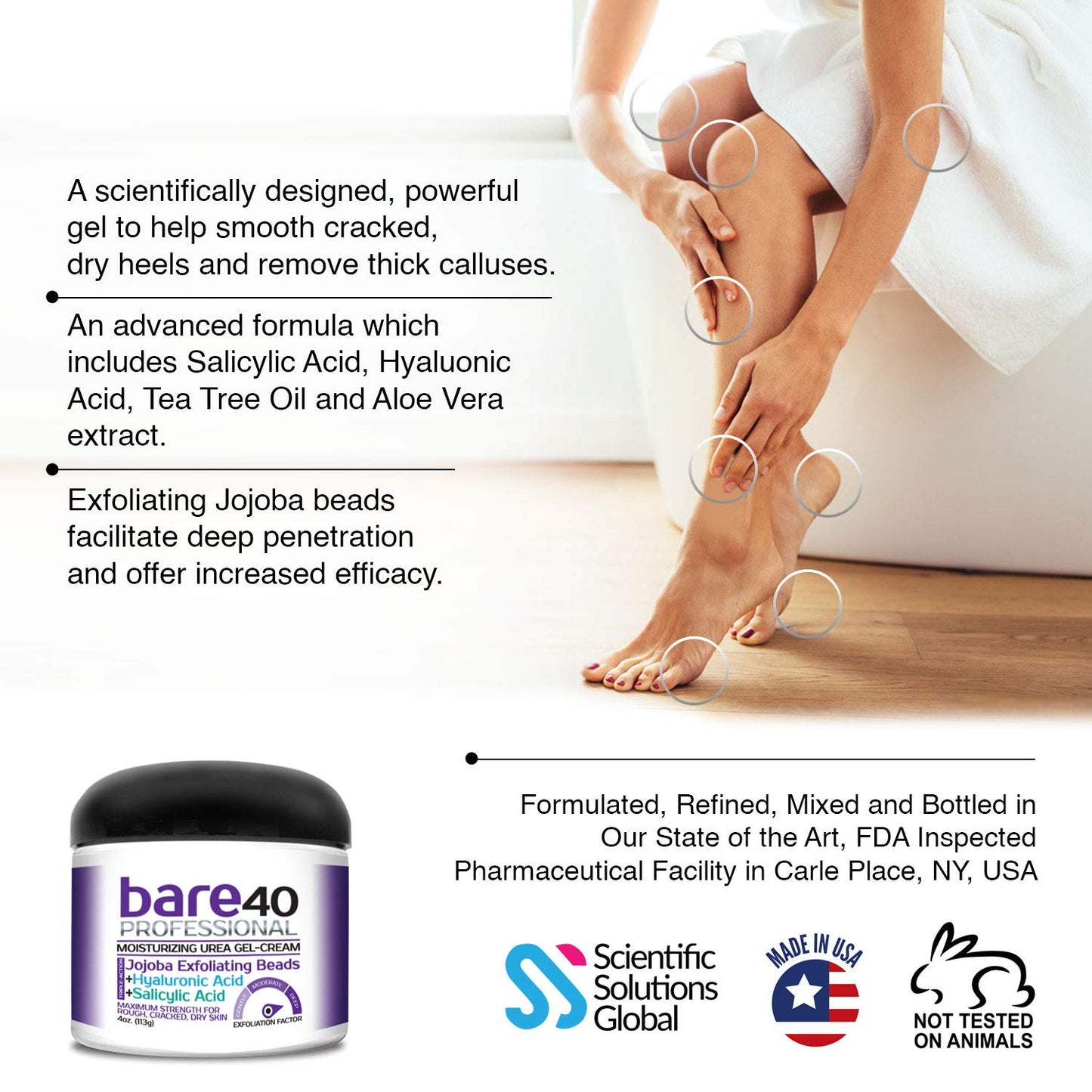 BARE 40 PRO 40% Urea Gel with 2% Salicylic Acid, Hyaluronic Acid, Tea Tree Oil & Aloe Vera - Exfoliating & Hydrating Foot and Body Gel for Dry, Rough