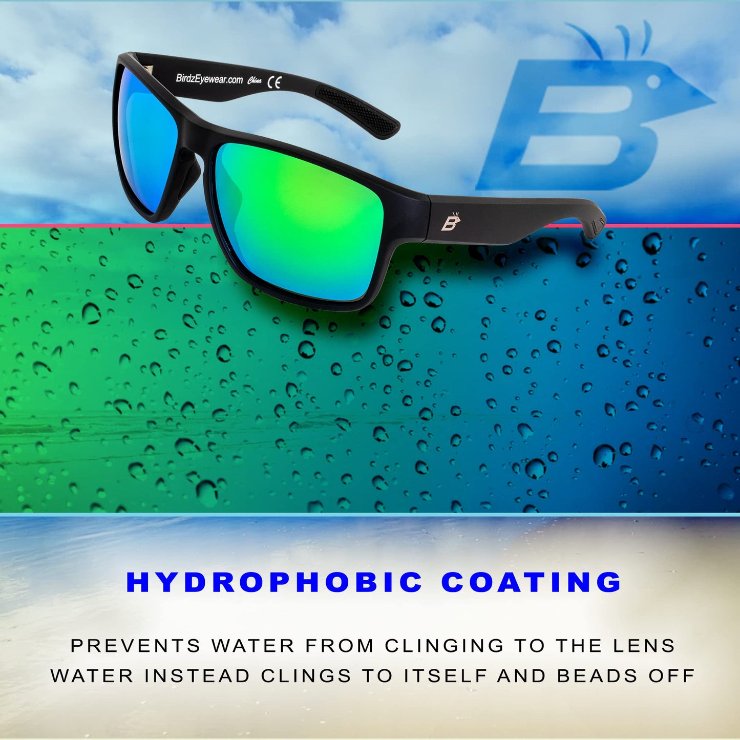 Birdz Eyewear Glide Sunglasses for Men or Women Scratch Resistant Lens Lightweight Black Square Frame Green Mirror Lens