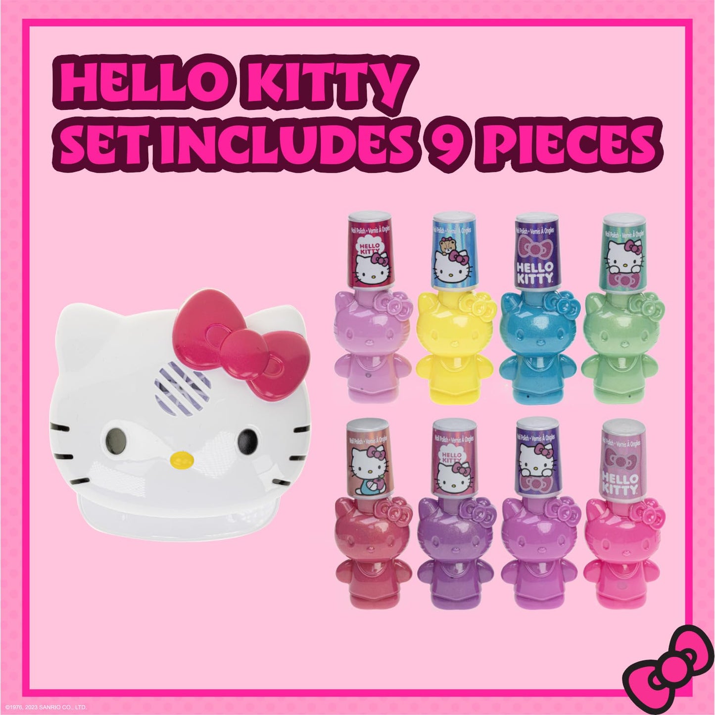 Hello Kitty 8 Pack Non-Toxic Peel-Off Shimmer and Opaque, Water-Based Safe Nail Polish Set with Nail Dryer for Kids, AA Batteries Not Included, Ages 3